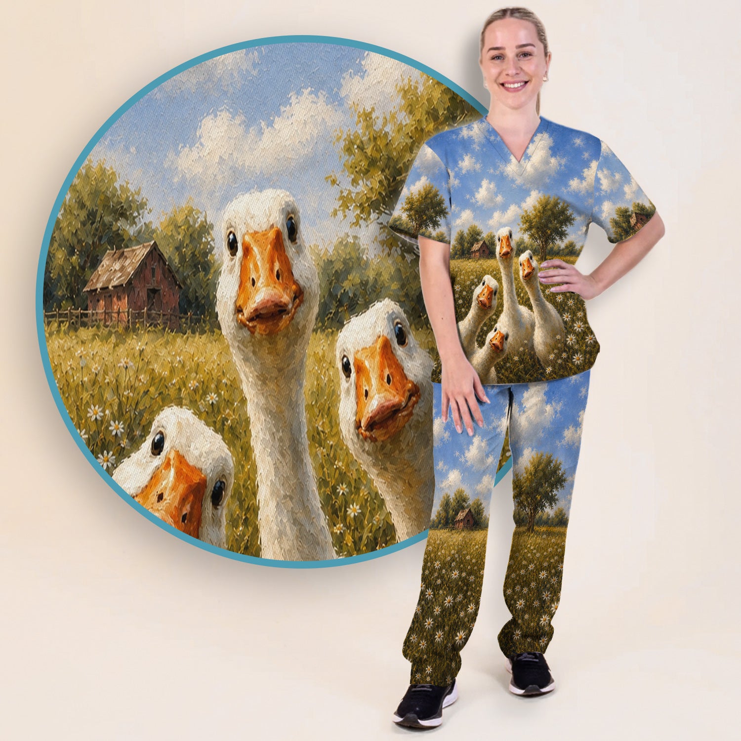 Cute Farmhouse Goose Meadow Pattern Scrub Set, Scrub Pants and V Neck Top