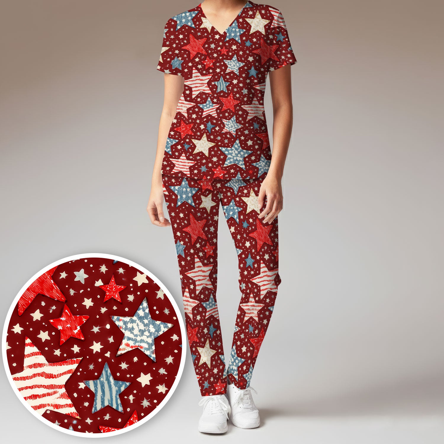 Patriotic Star Pattern Women's Scrub Set, Scrub Pants and V Neck Top