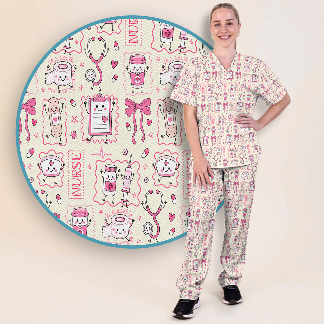 Cute Nurse Doodle with Bandage & Coffee Icons Scrub Set, Scrub Pants and V Neck Top