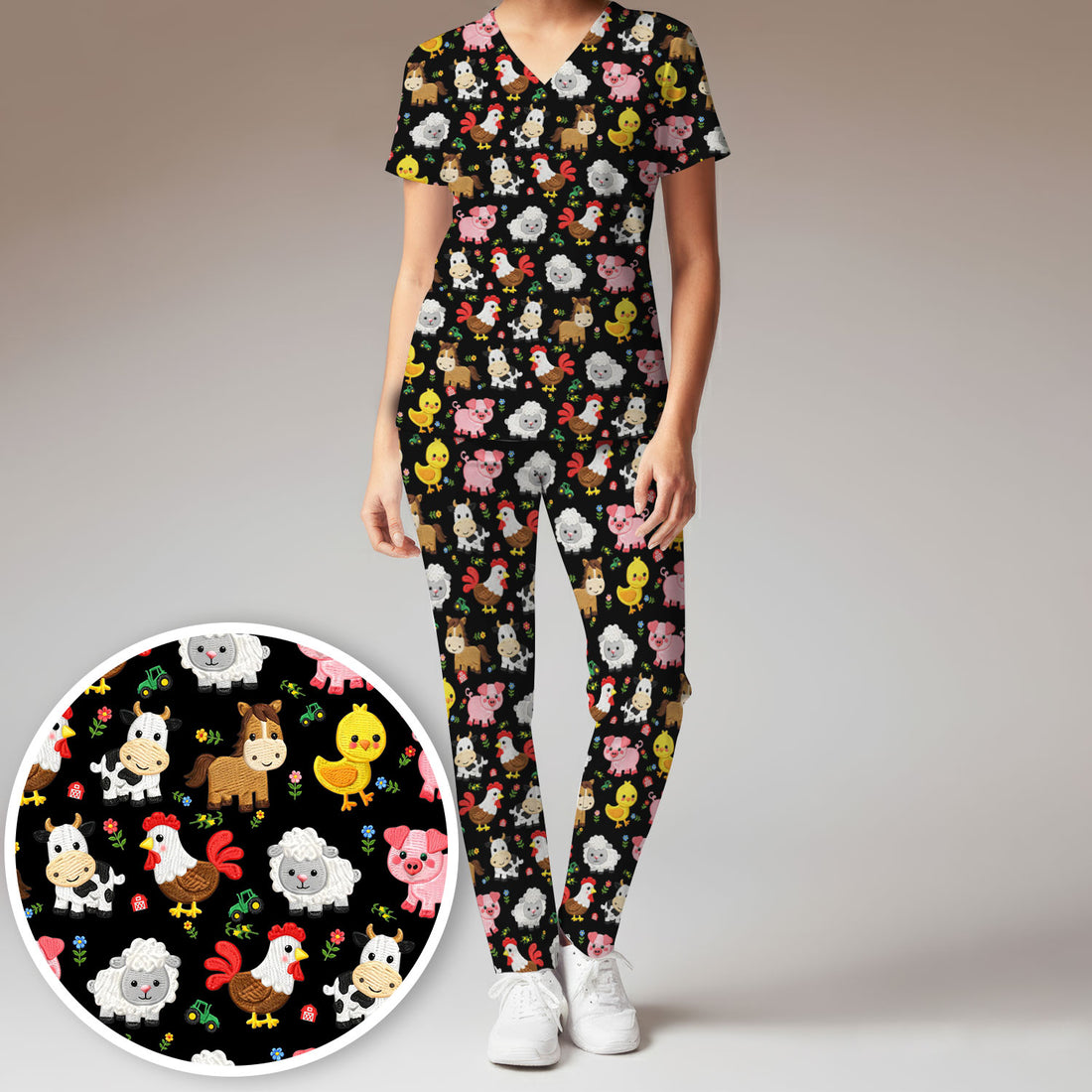 Cartoon Farm Animal Pattern Scrub Set, Breathable Med Uniform