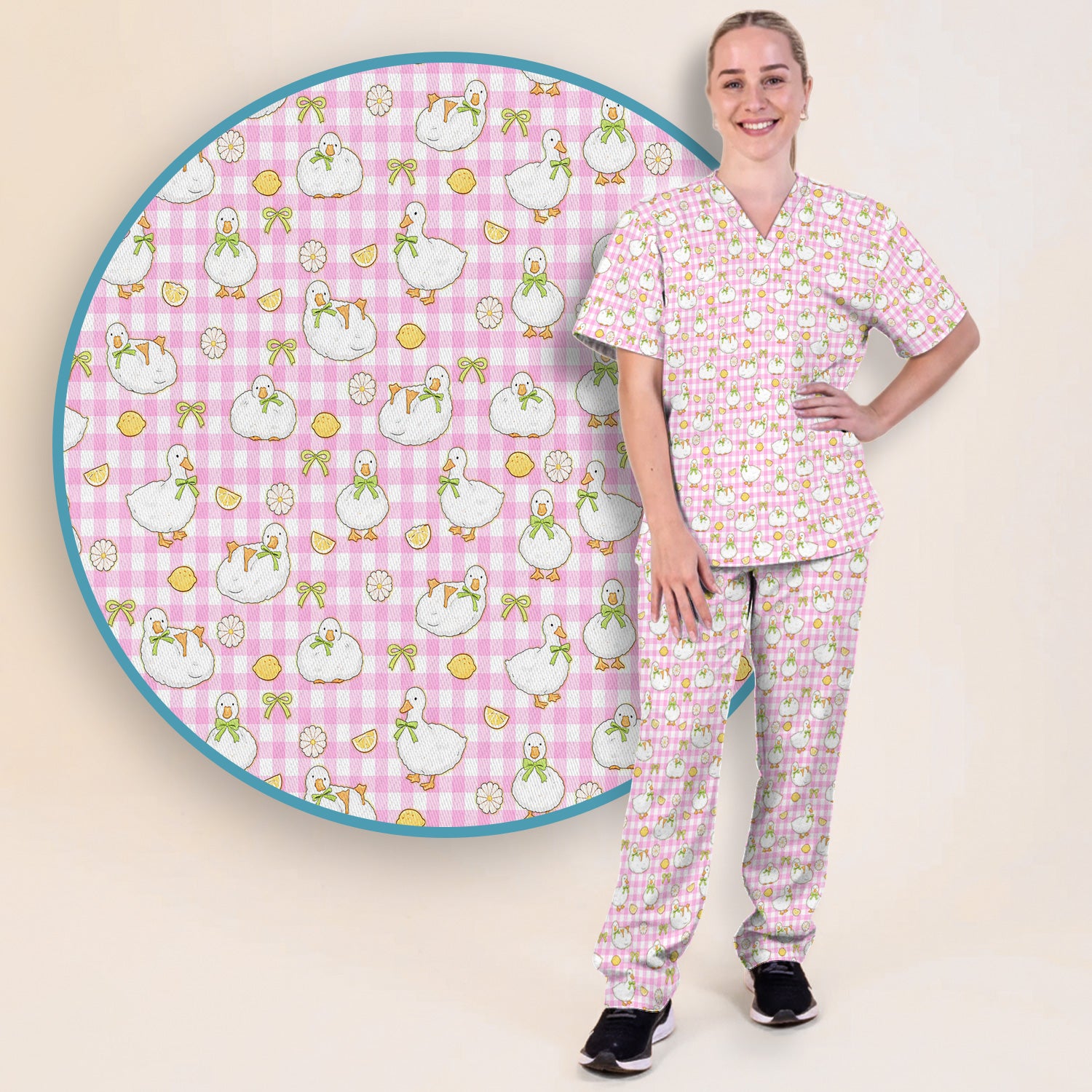 Adorable Ducks Lemon Daisy Pattern Scrubs Sets, Scrub Pants and V Neck Top