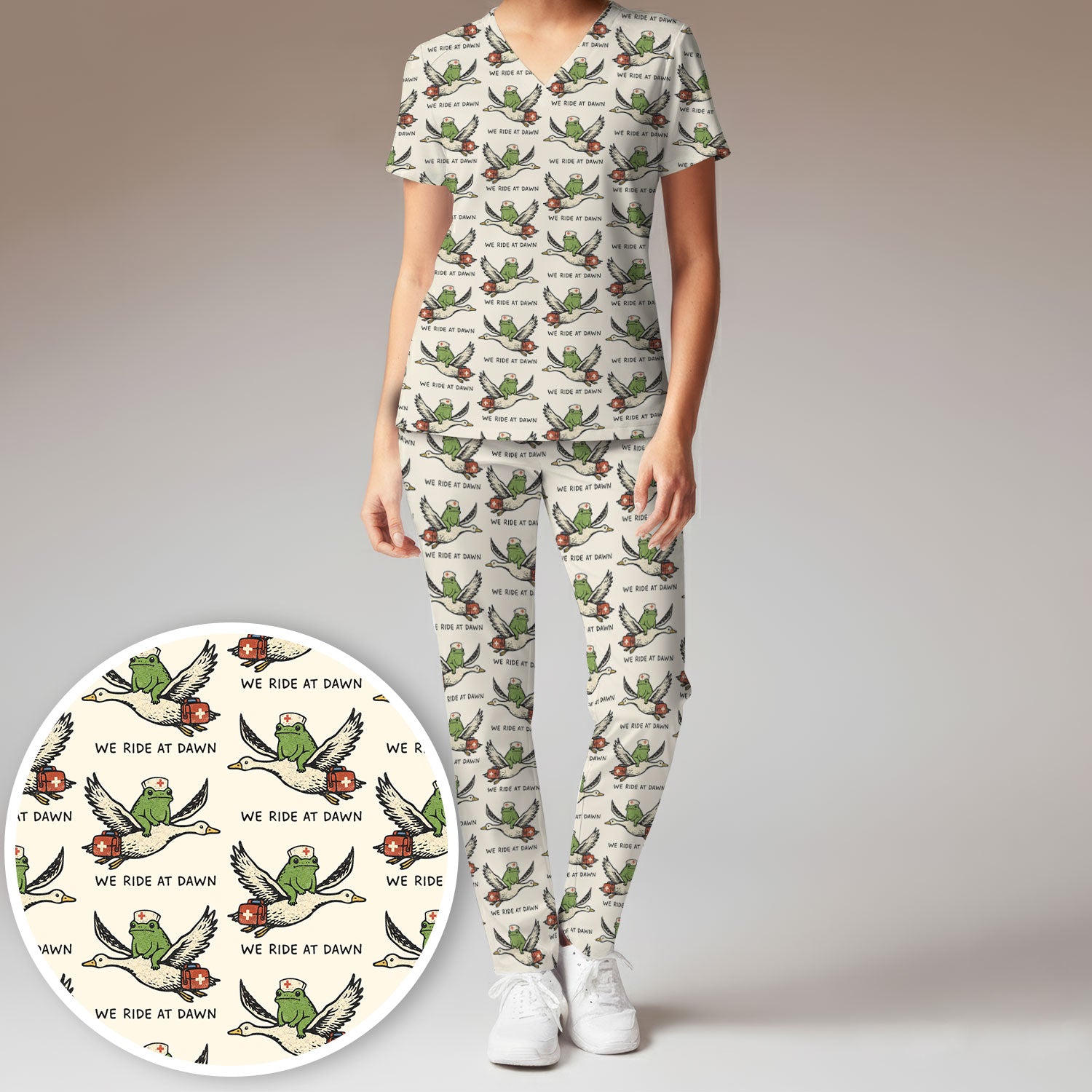 Funny Frog Riding Goose Nurse Pattern Scrub Set, Nurse Uniform Scrubs Set