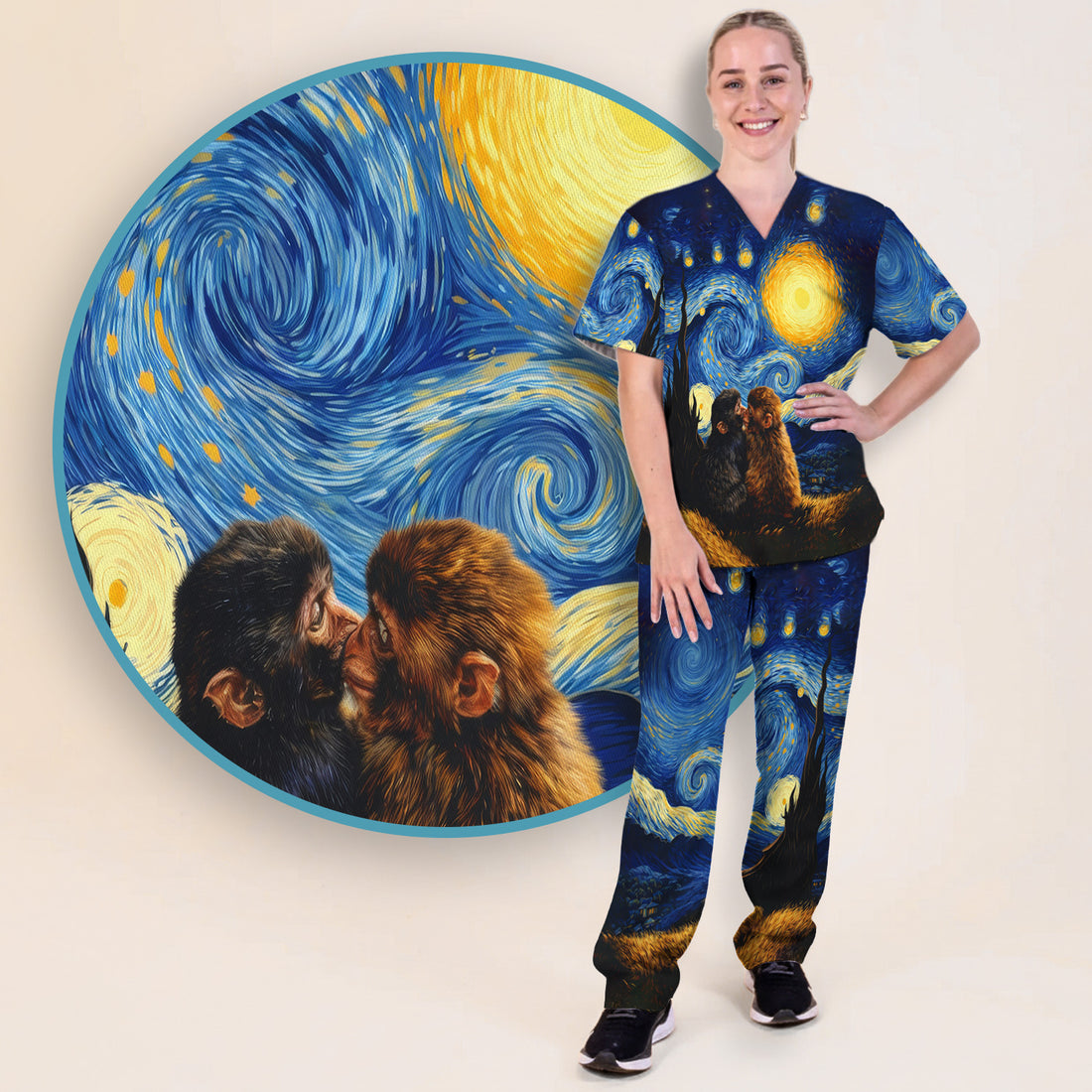 Romantic Monkey Couple Night Sky Pattern Scrub Set, Women's Scrub Sets