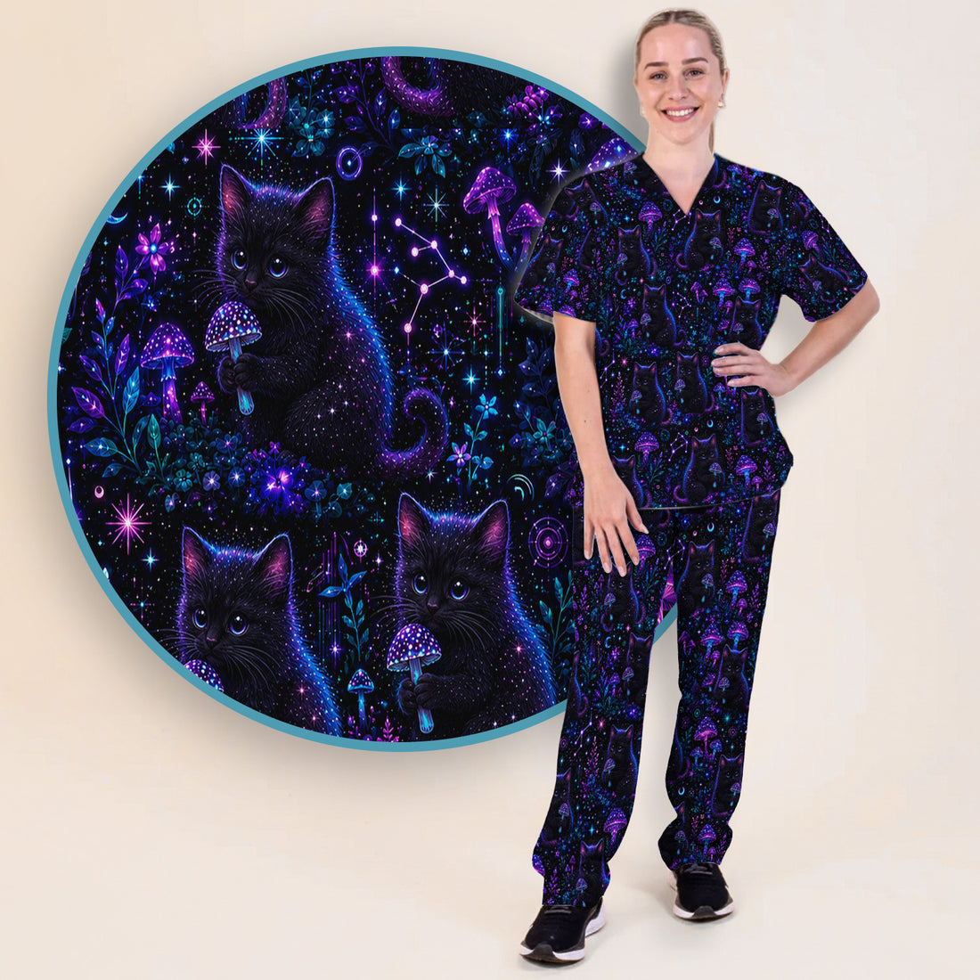 Neon Black Cat Mushroom Galaxy Pattern Scrub Set, Scrub Pants and V Neck Top