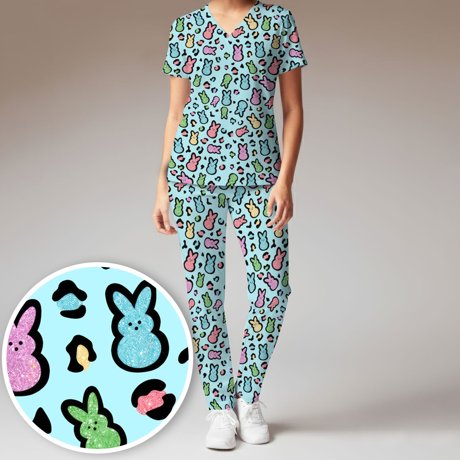 Cute Easter Bunny Pastel Pattern Scrub Set, Scrub Pants and V Neck Top