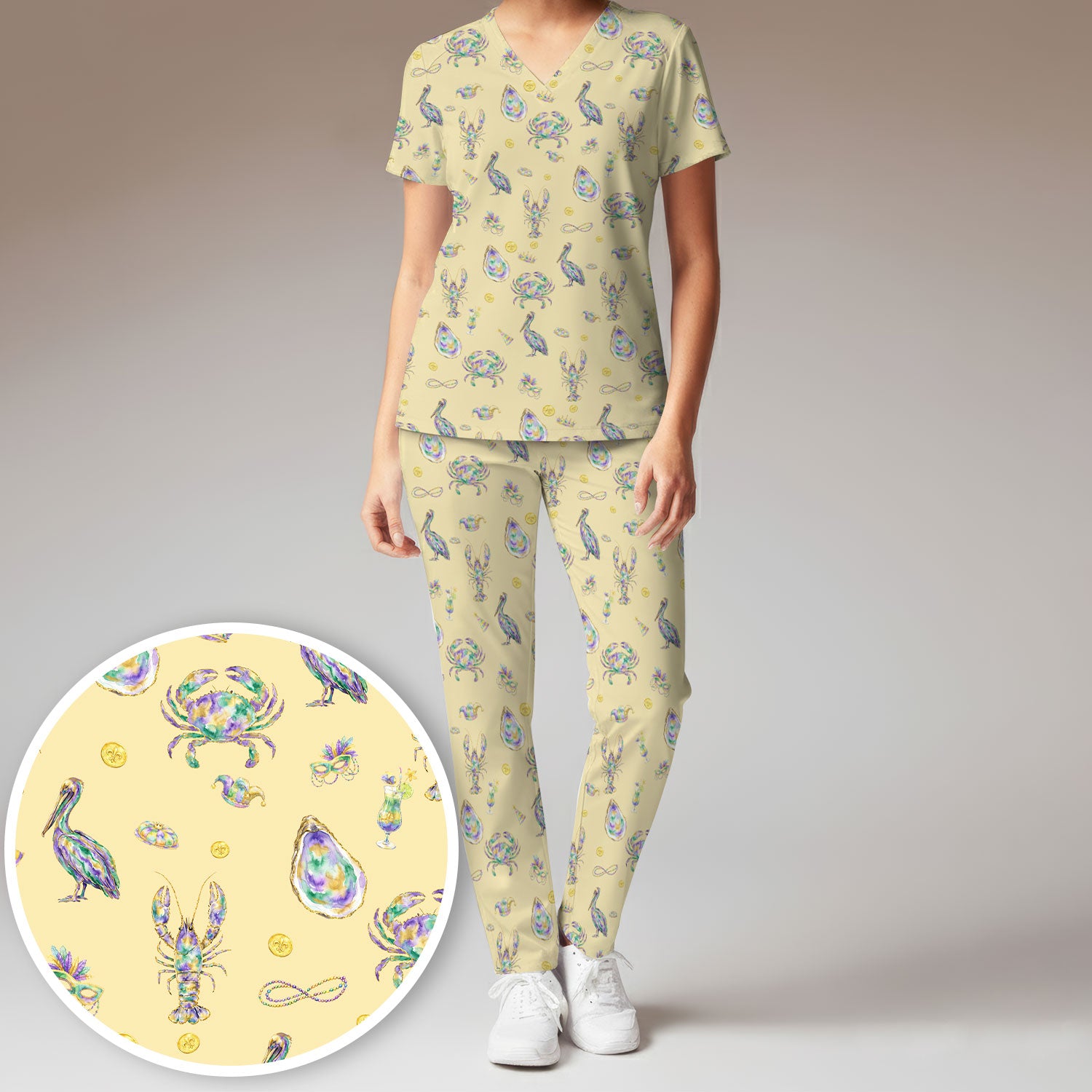 Mardi Gras Seafood Nurse Scrub Set, Comfortable Uniform Scrubs For Nursing