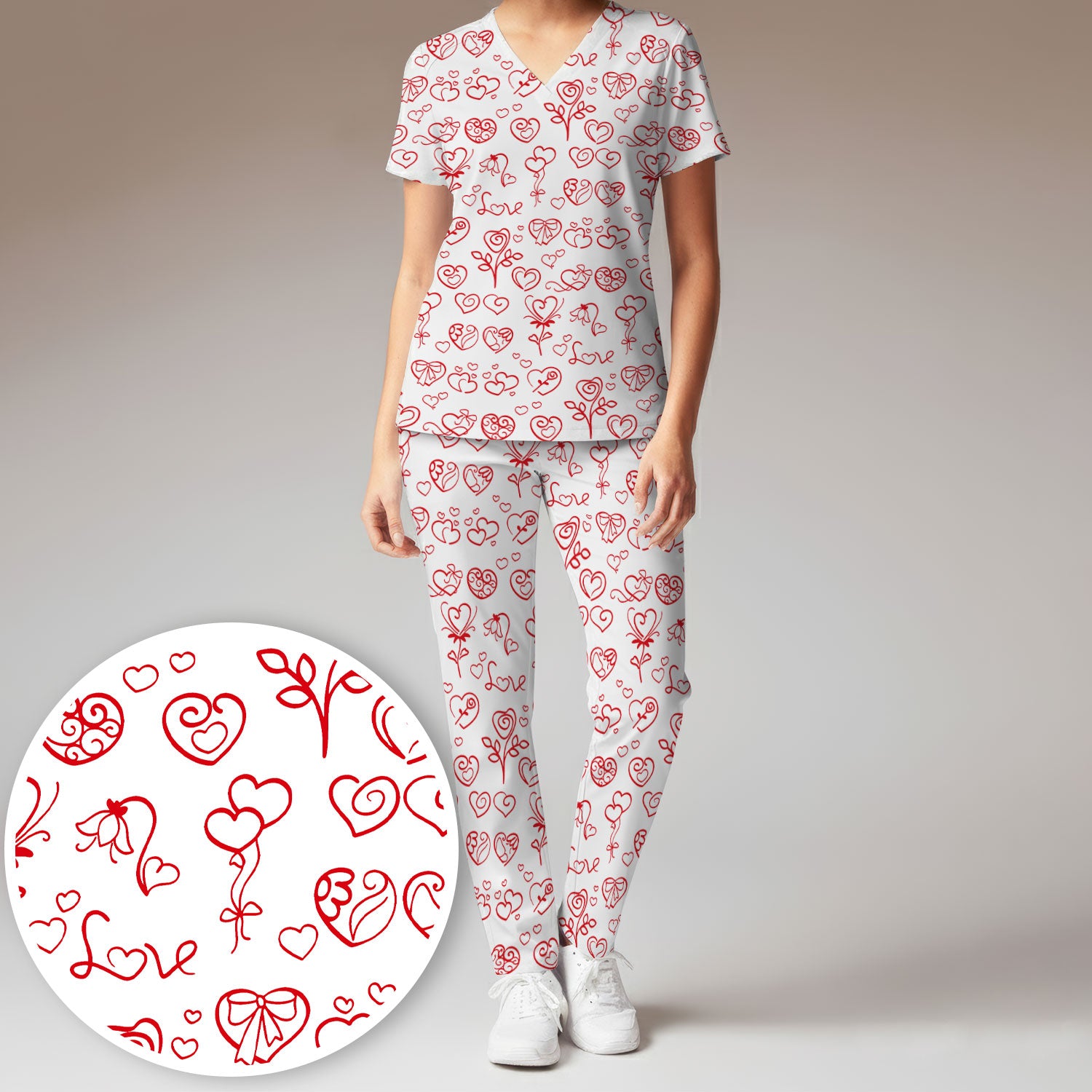 Cute Valentine Heart Scrub Set, Artistic Heart Pink Love Line Art Pattern Nurse Shirt, Comfortable Scrubs For Nursing