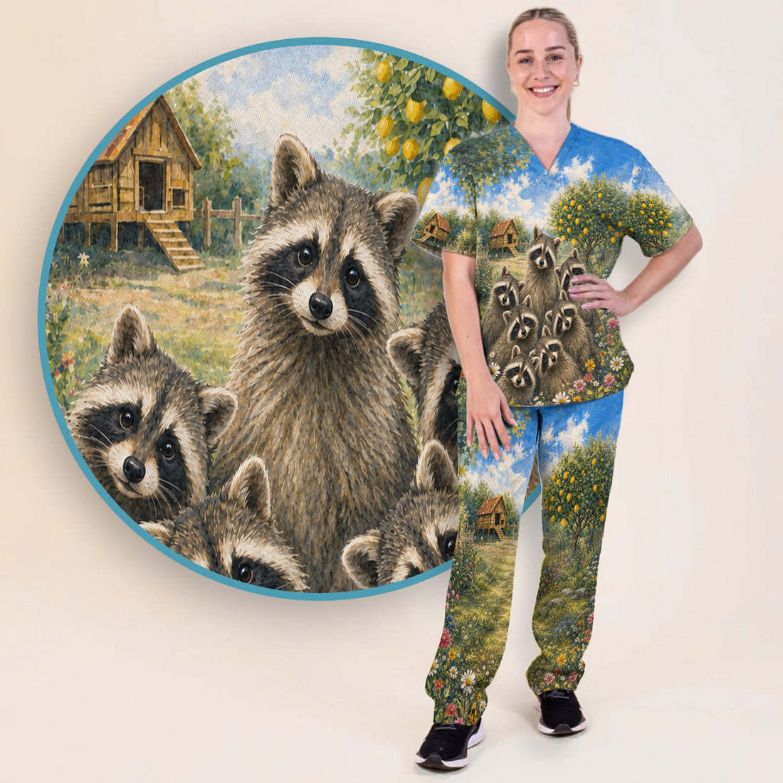 Adorable Raccoon Family Garden Pattern Scrub Set, Scrub Pants and V Neck Top
