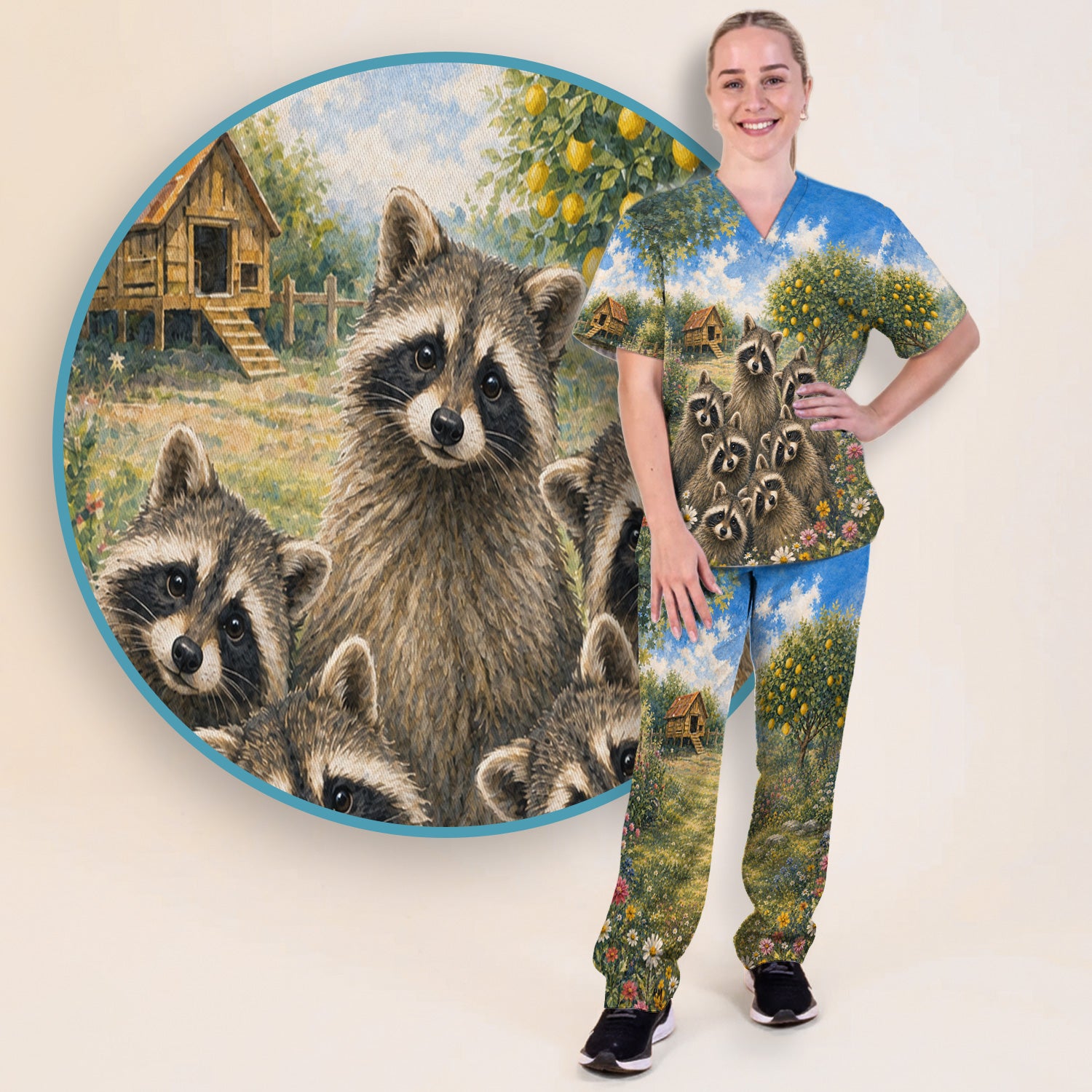 Adorable Raccoon Family Garden Pattern Scrub Set, Scrub Pants and V Neck Top