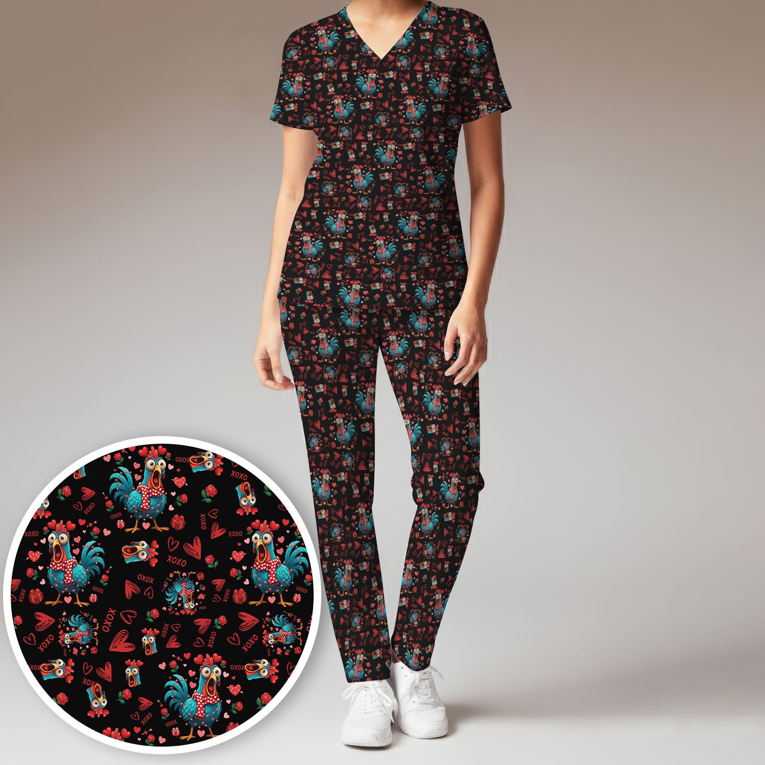 Funny Rooster Valentine Scrub Set, Cute Chicken XOXO Heart Pattern Nurse Shirt, Breathable Fabrics Nursing Uniform