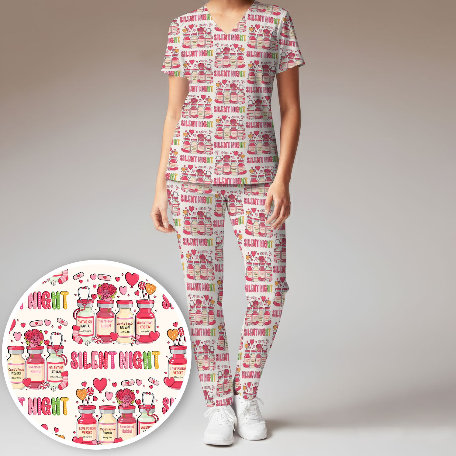 Valentine Silent Night Love Design Scrubs Set, Breathable Med Uniform