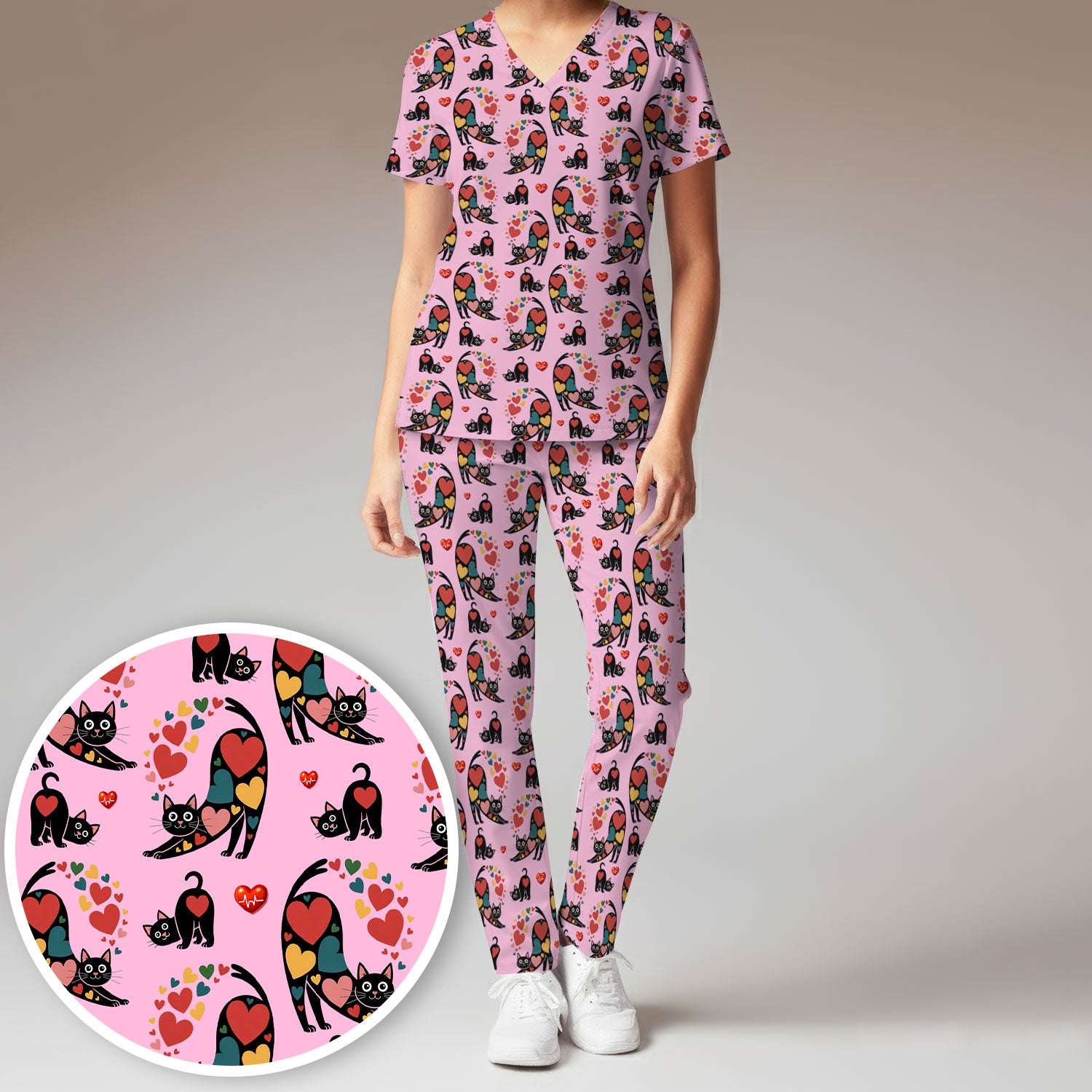 Playful Cat Valentine Heart Print Medical Scrub Set, Breathable Med Uniform