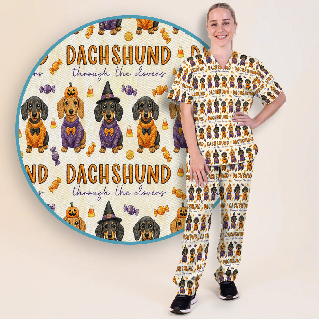 Candy Dachshund Pattern Scrub Set, Scrub Pants and V Neck Top