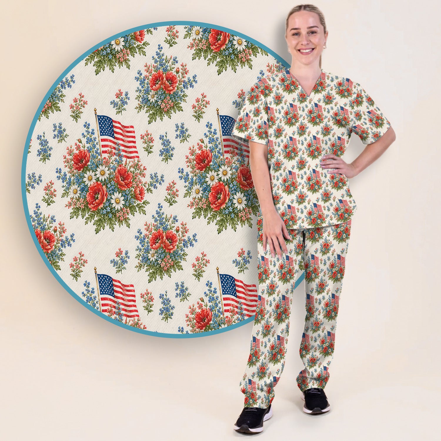 Patriotic Floral With USA Flag Pattern Scrub Set, Scrub Pants and V Neck Top