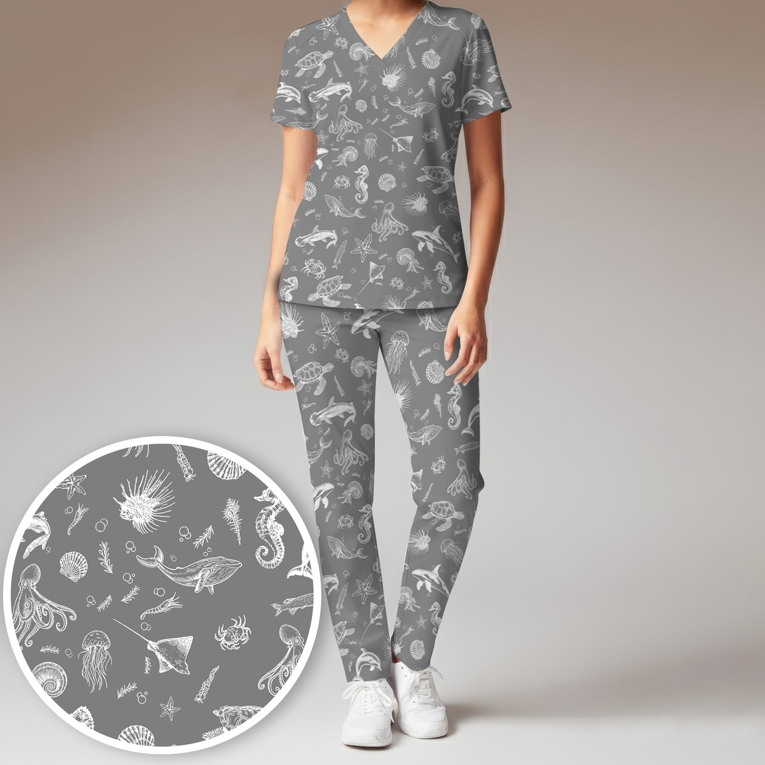 Marine Sea Life Pattern Scrub Set, Women's Scrub Sets