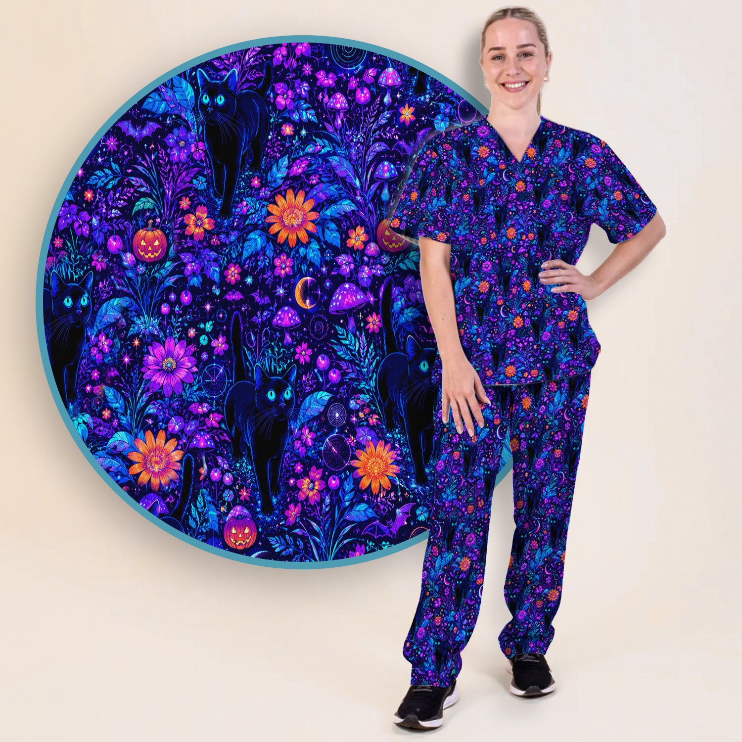 Halloween Black Cat Floral Print Scrub Set, Scrub Pants and V Neck Top
