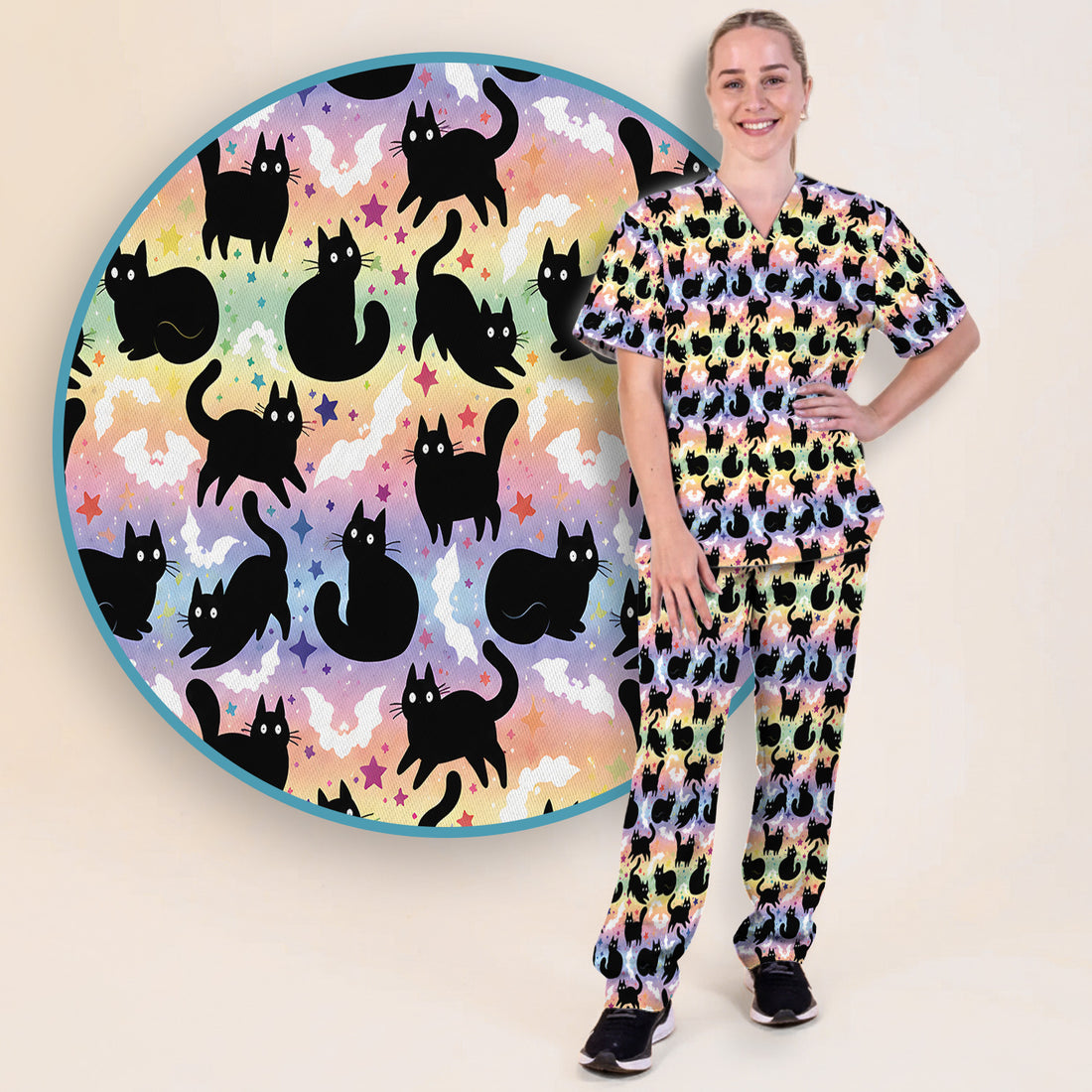 Pastel Star Black Cat Pattern Scrub Set, Scrub Pants and V Neck Top