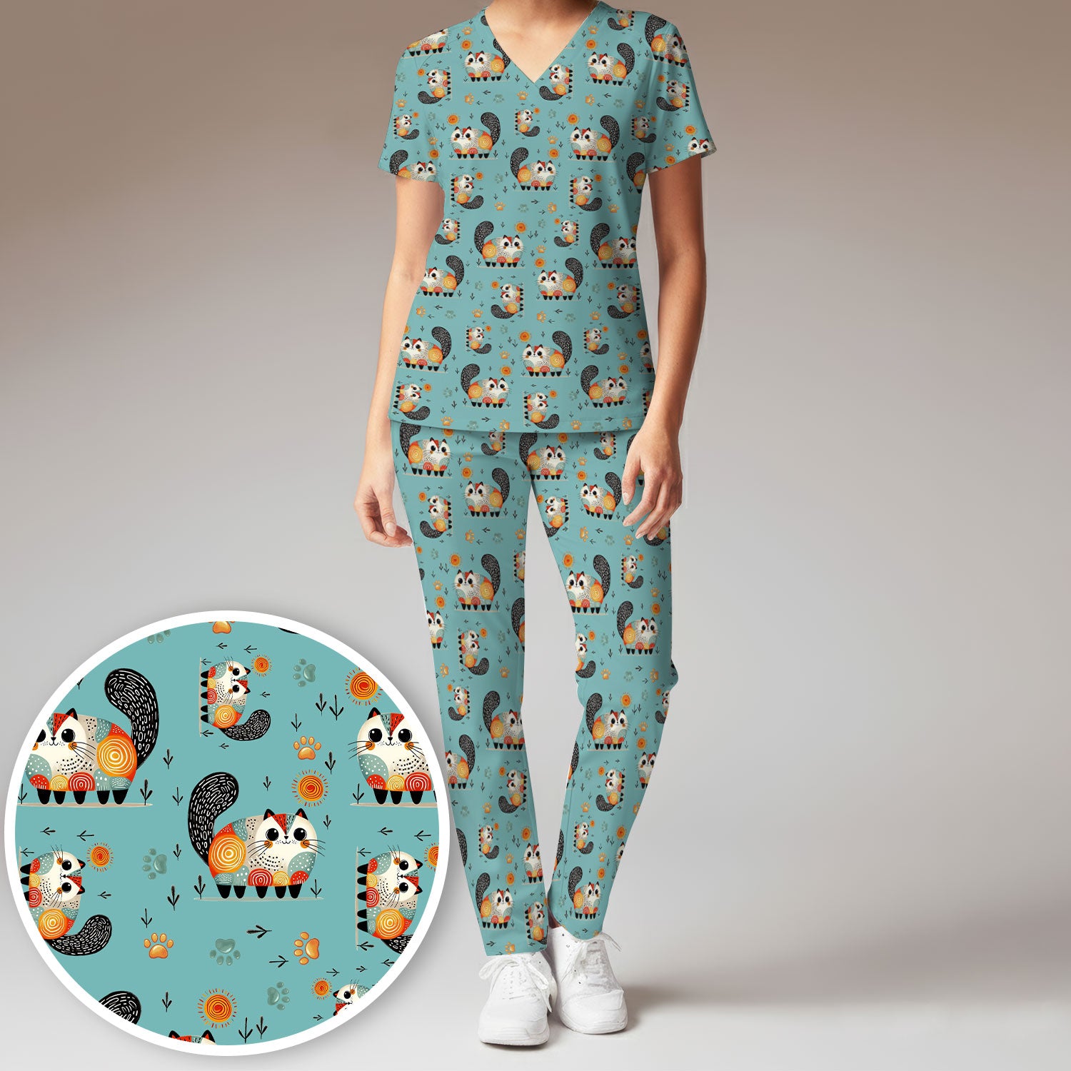 Playful Cat Illustration Women's Scrub Set, Breathable Med Uniform