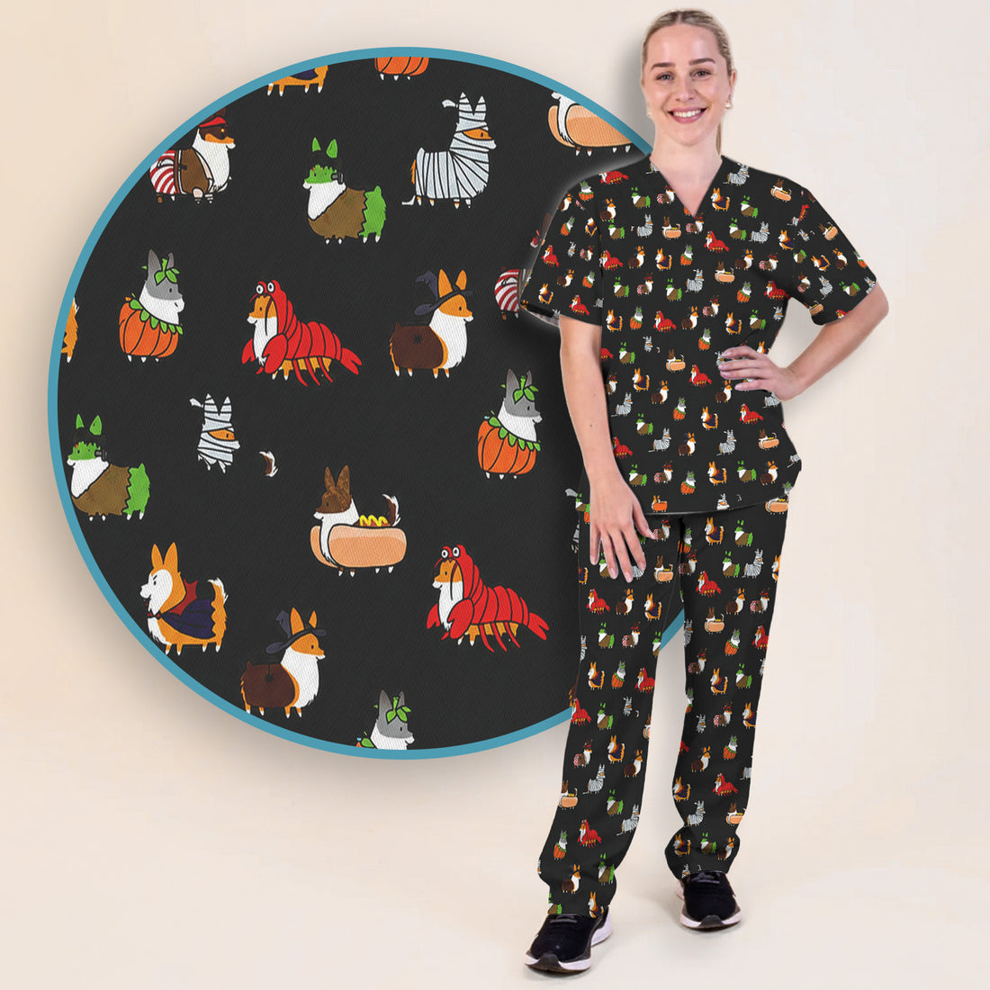 Cute Halloween Costume Corgis Scrub Set, Scrub Pants and V Neck Top