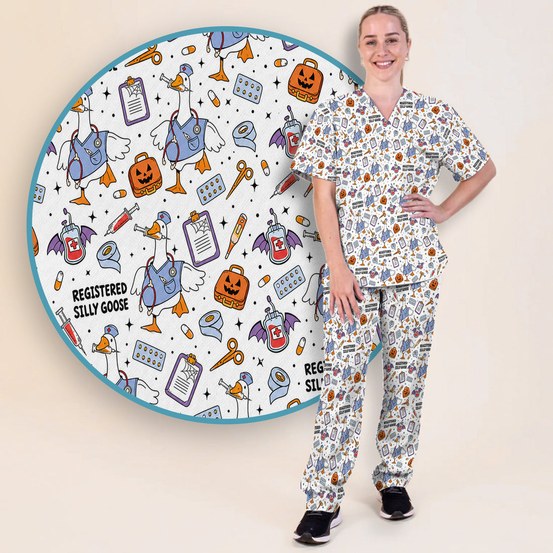 Funny Halloween Registered Silly Goose Scrub Set, Scrub Pants and V Neck Top