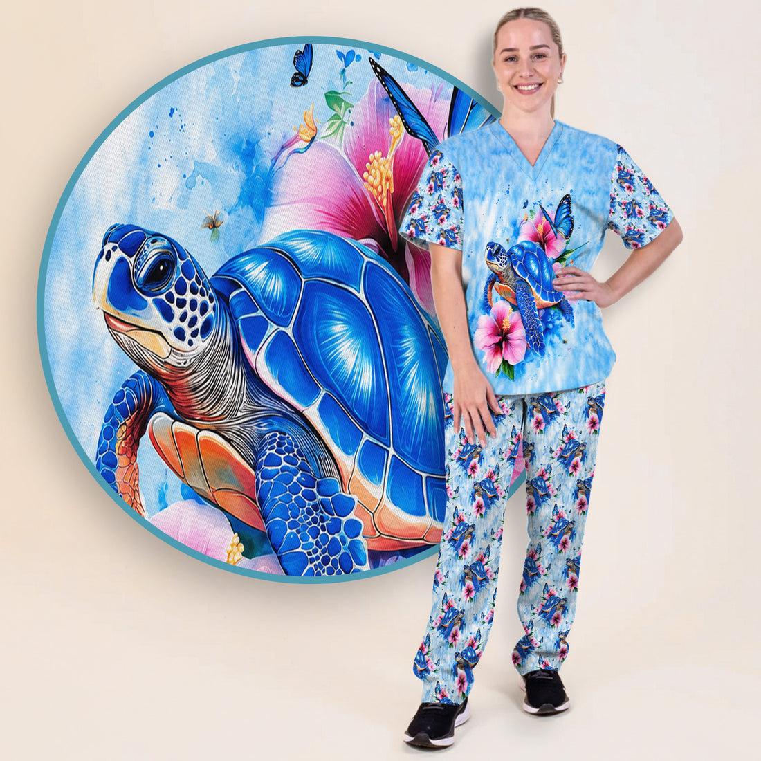 Blue Sea Turtle Hibiscus Butterfly Print Scrub Set, Scrub Pants and V Neck Top