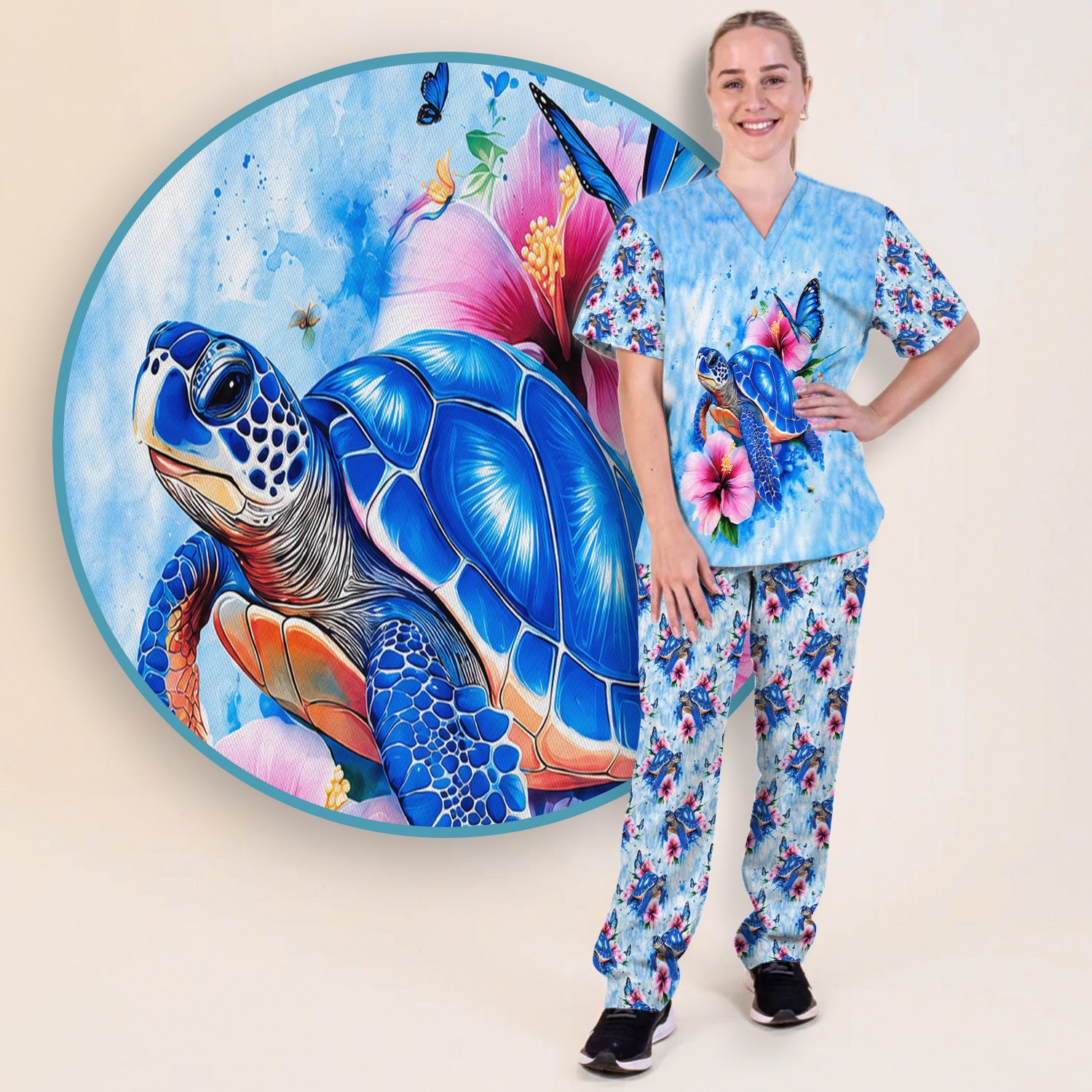 Blue Sea Turtle Hibiscus Butterfly Print Scrub Set, Scrub Pants and V Neck Top