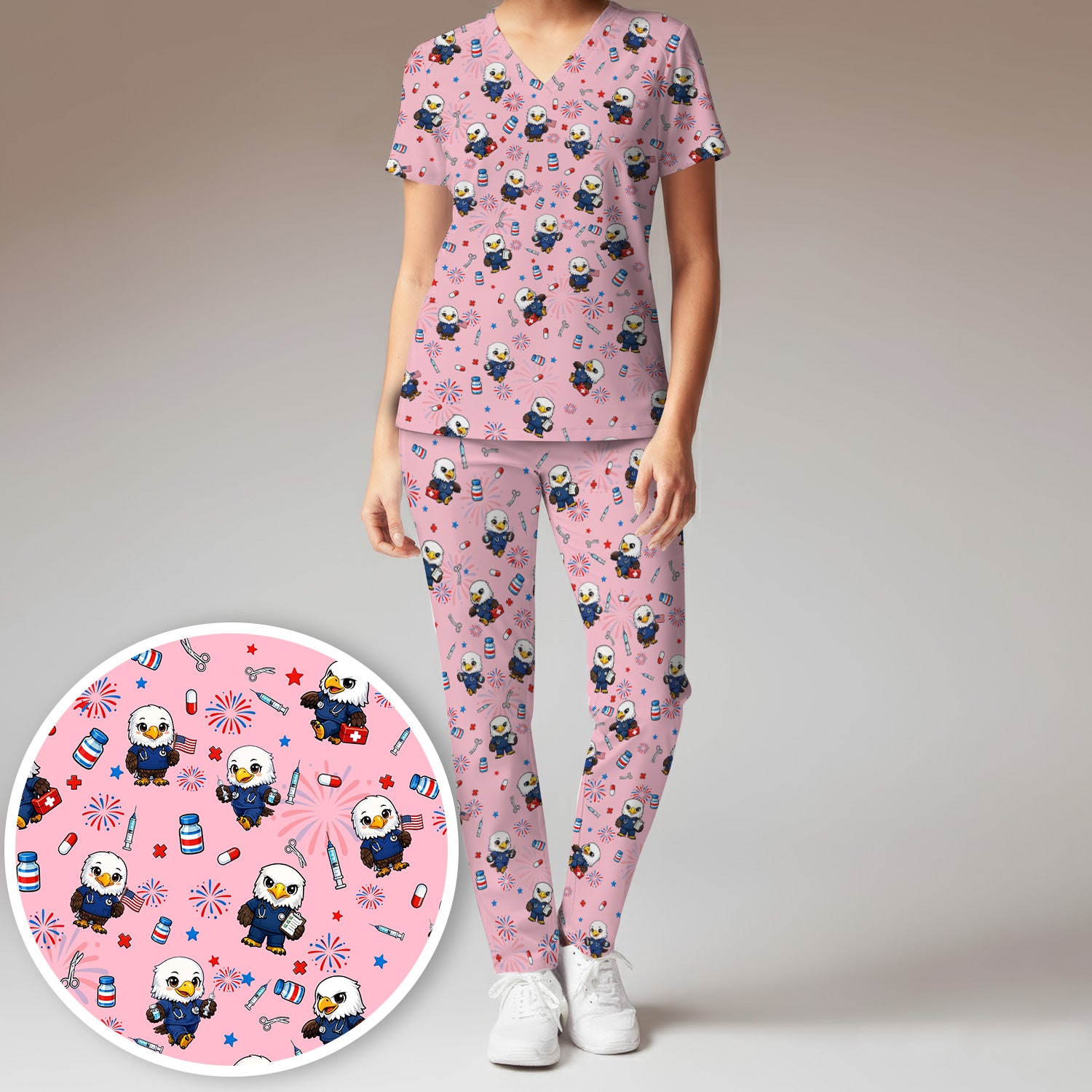 Patriotic Nurse Eagle Fireworks Medical Pattern Scrub Set, Women's Scrub Sets