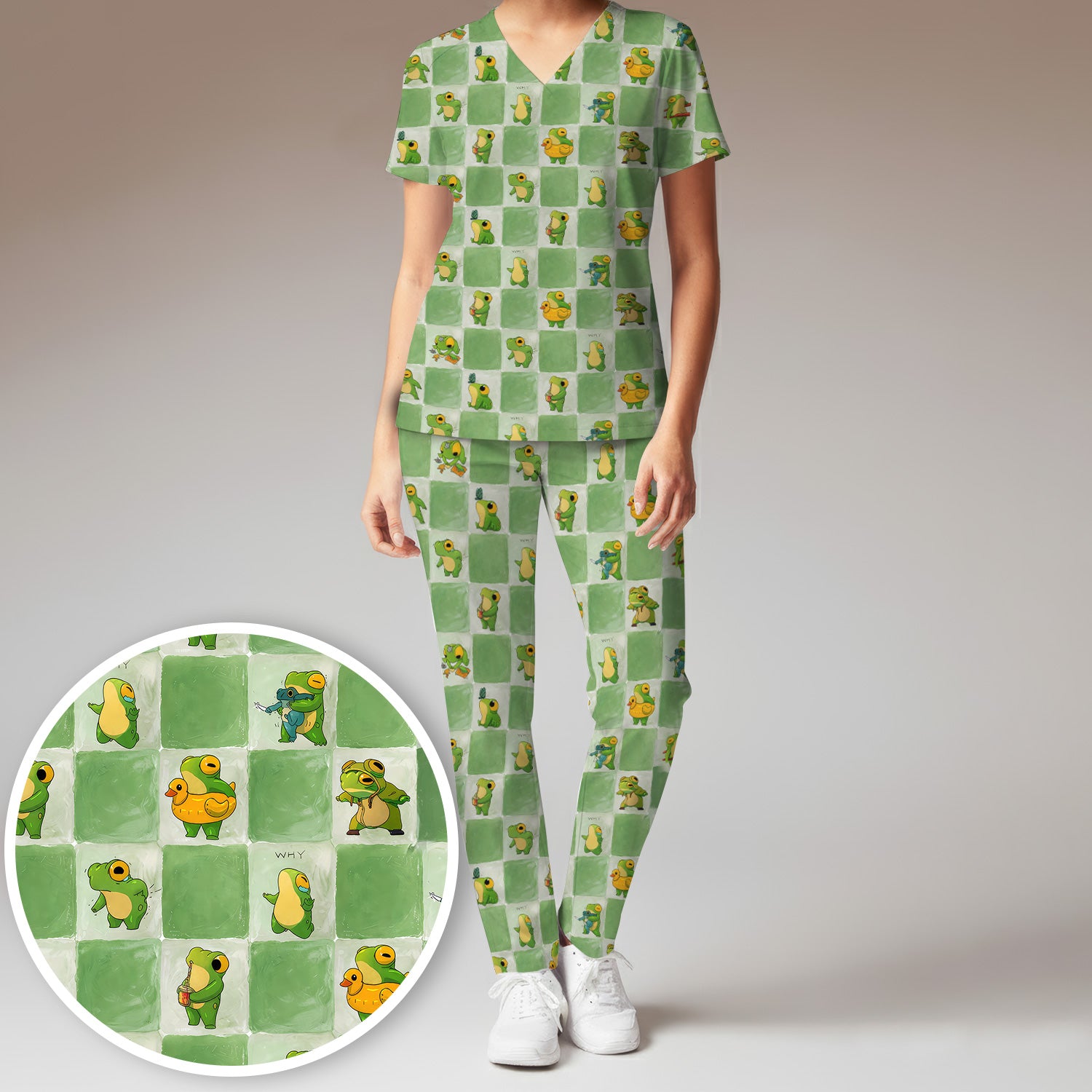 Cute Frog Duck Checkerboard Pattern Scrub Set, Scrub Pants and V Neck Top