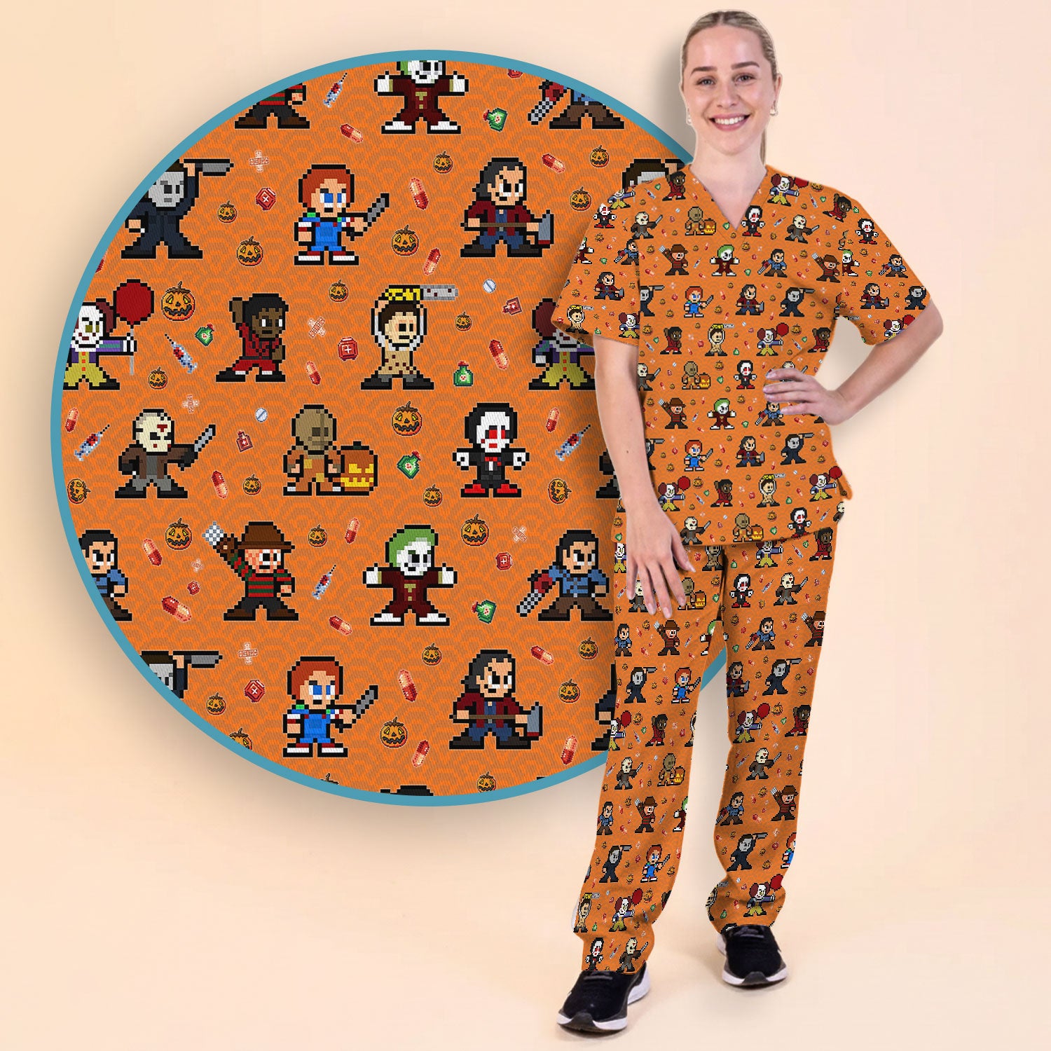 Halloween Women's Scrub Sets - Comfortable Scrubs for Nurses - Horror Movie Scrub Pants and V Neck Top - Breathable Med Uniform