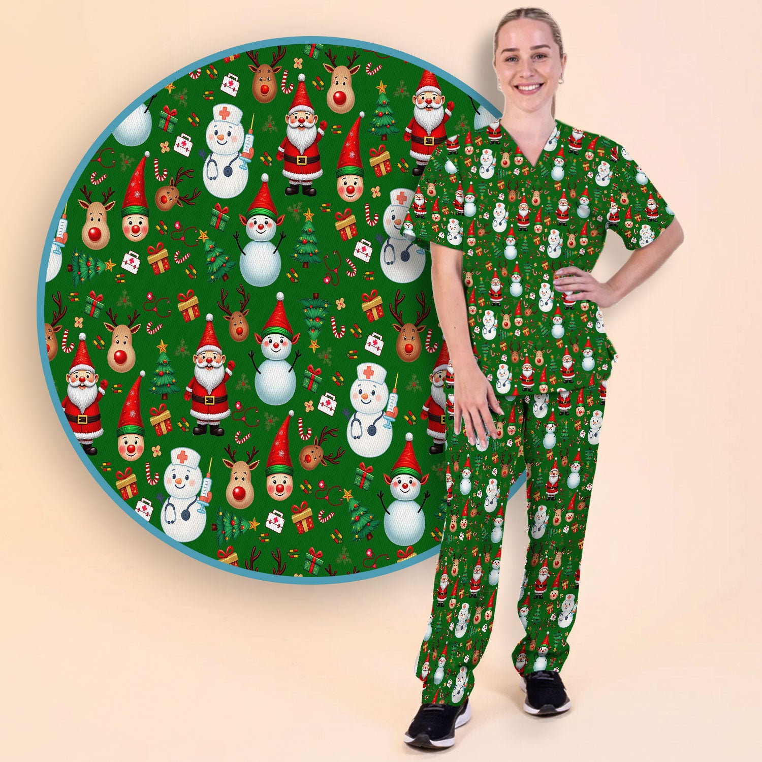 Christmas Nurse Scrub Set - Cute Snowman Santa Reindeer Pattern Medical Uniform - Festive Holiday Scrubs Pants and V Neck Top