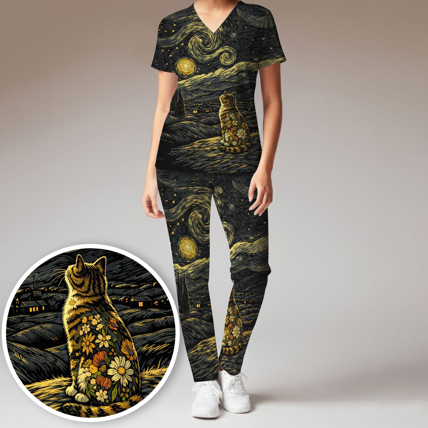 Galaxy Night Sky Cat With Flowers Print Scrub Set, Breathable Med Uniform