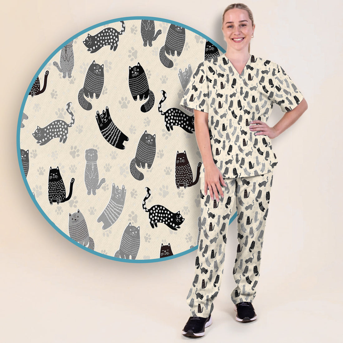 Cute Cat and Paw Print Pattern Scrub Set, Breathable Med Uniform