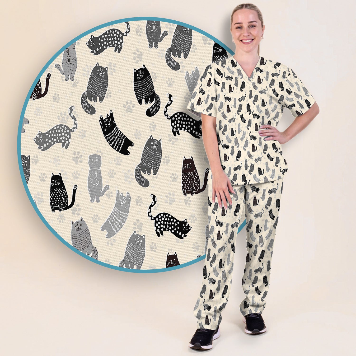 Cute Cat and Paw Print Pattern Scrub Set, Breathable Med Uniform