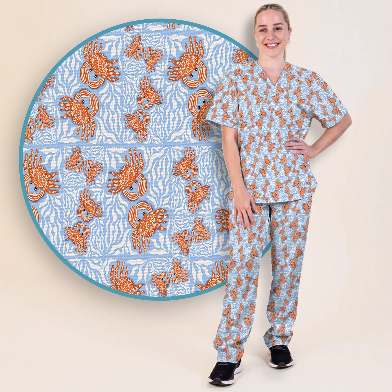 Cute Coastal Crab Print Scrub Set, Women's Scrub Sets