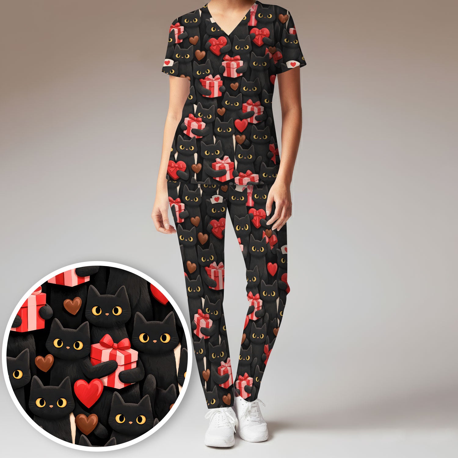 Black Cat Valentine Nurse Scrub Set, Heart Pattern Medical Shirt, Breathable Fabrics Nursing Uniform