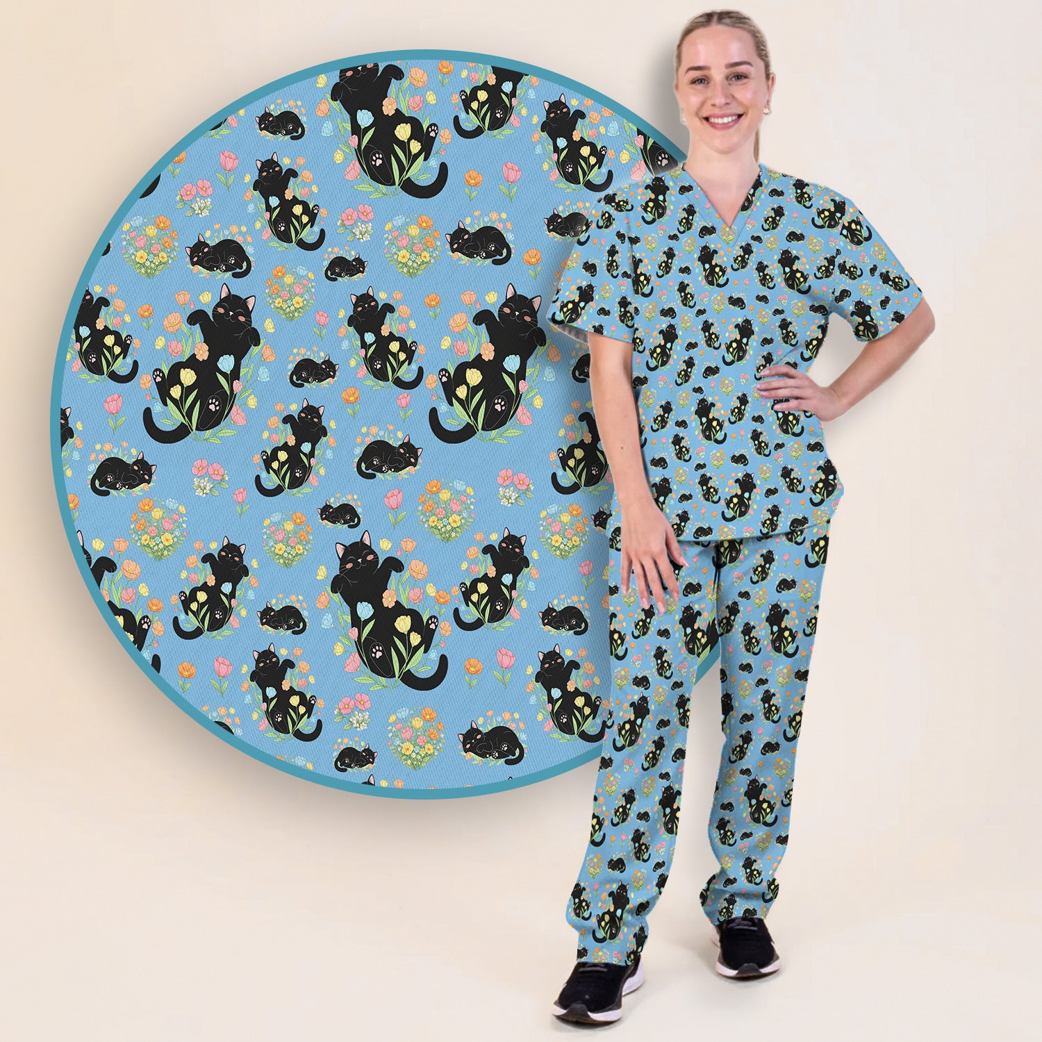 Cats With Cute Poses Floral Pattern Scrubs Sets, Scrub Pants and V Neck Top