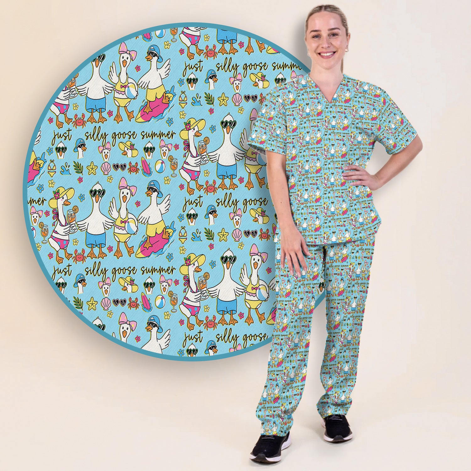 Silly Goose Summer Pattern Scrub Top, Breathable Fabrics Nursing Uniform