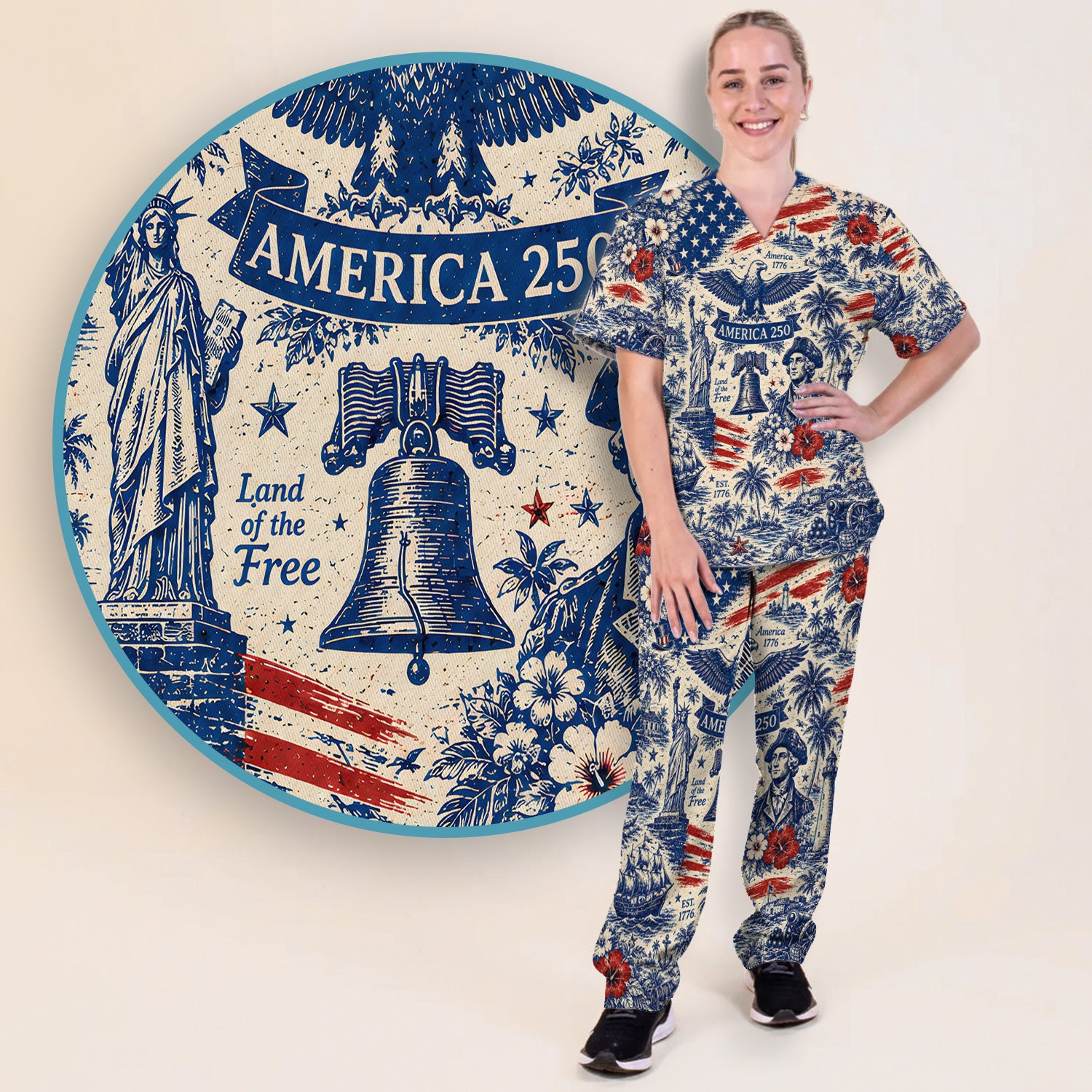 America 250 Eagle Liberty Pattern Scrub Set, Scrub Pants and V Neck Top
