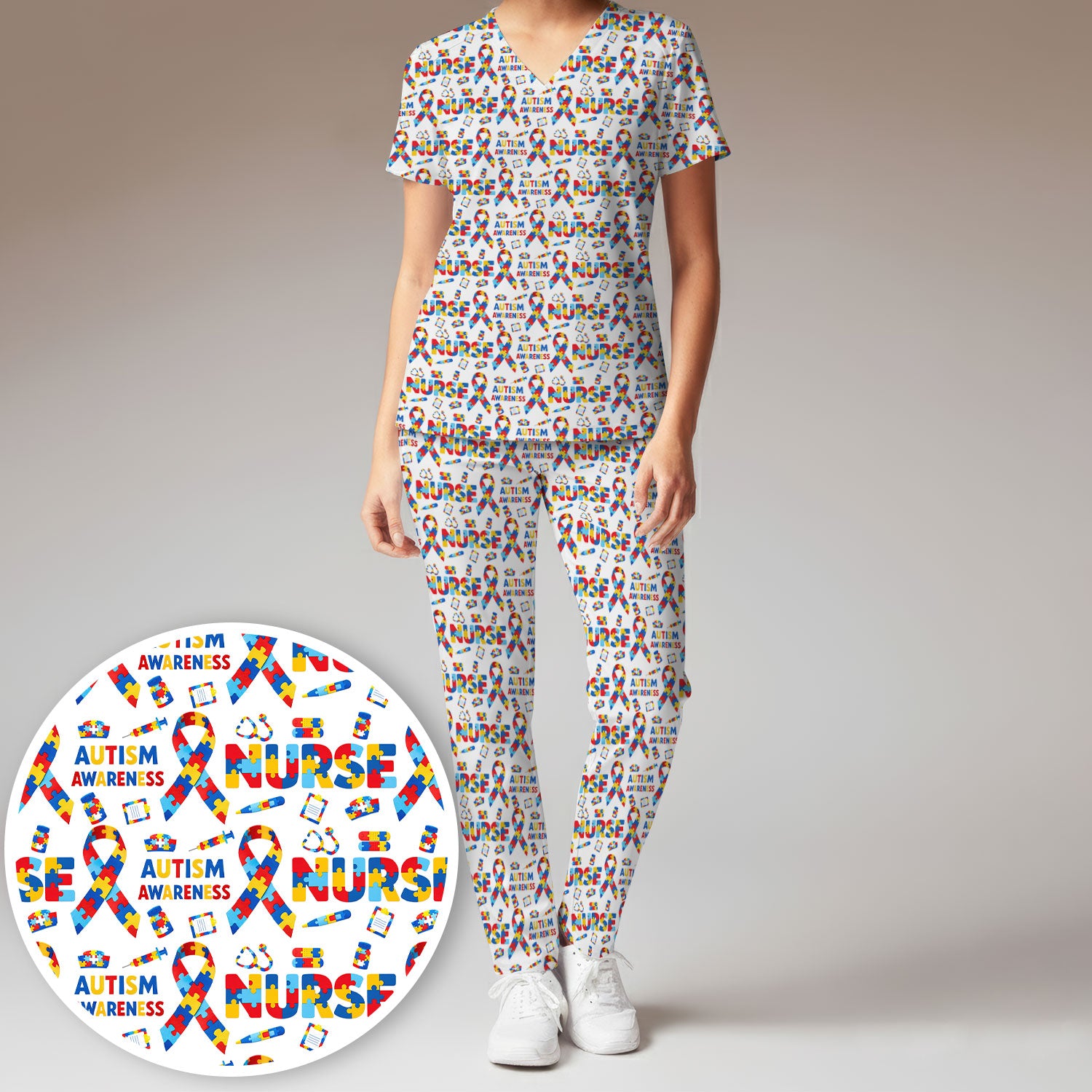 Autism Awareness Nurse Puzzle Ribbon Print Sets,  Breathable Med Uniform