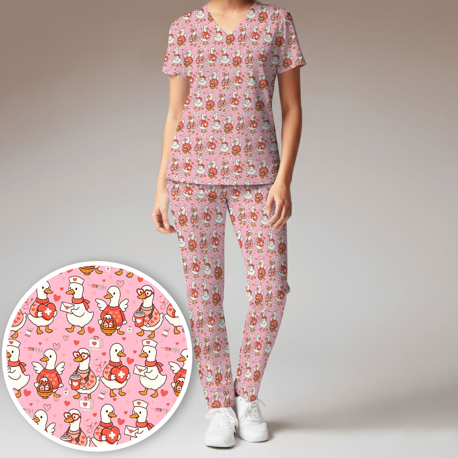 Valentine Goose Nurse Scrub Set, Heart Medical Pattern Nurse Shirt, Breathable Fabrics Nursing Uniform