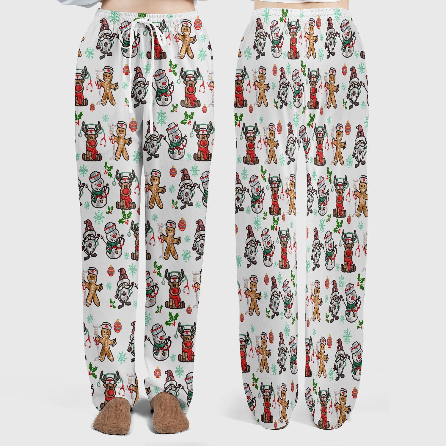 Christmas Gingerbread Scrubs Set for Women - Comfortable Scrubs for Nurses - Reindeer Santa Pants and V Neck Top