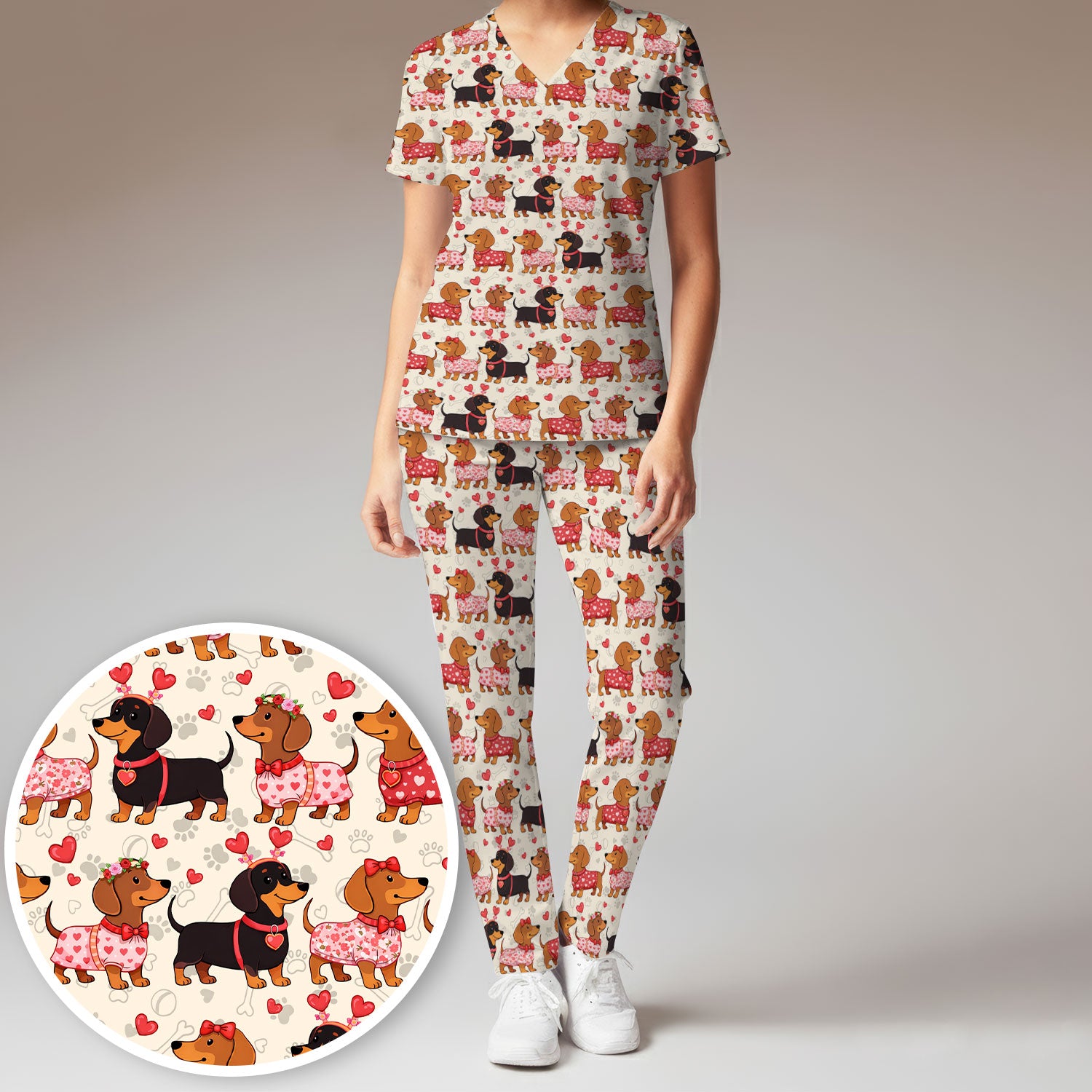 Valentine Dachshund Scrub Top, Wiener Dog Love Pattern Nurse Shirt, Breathable Fabrics Nursing Uniform