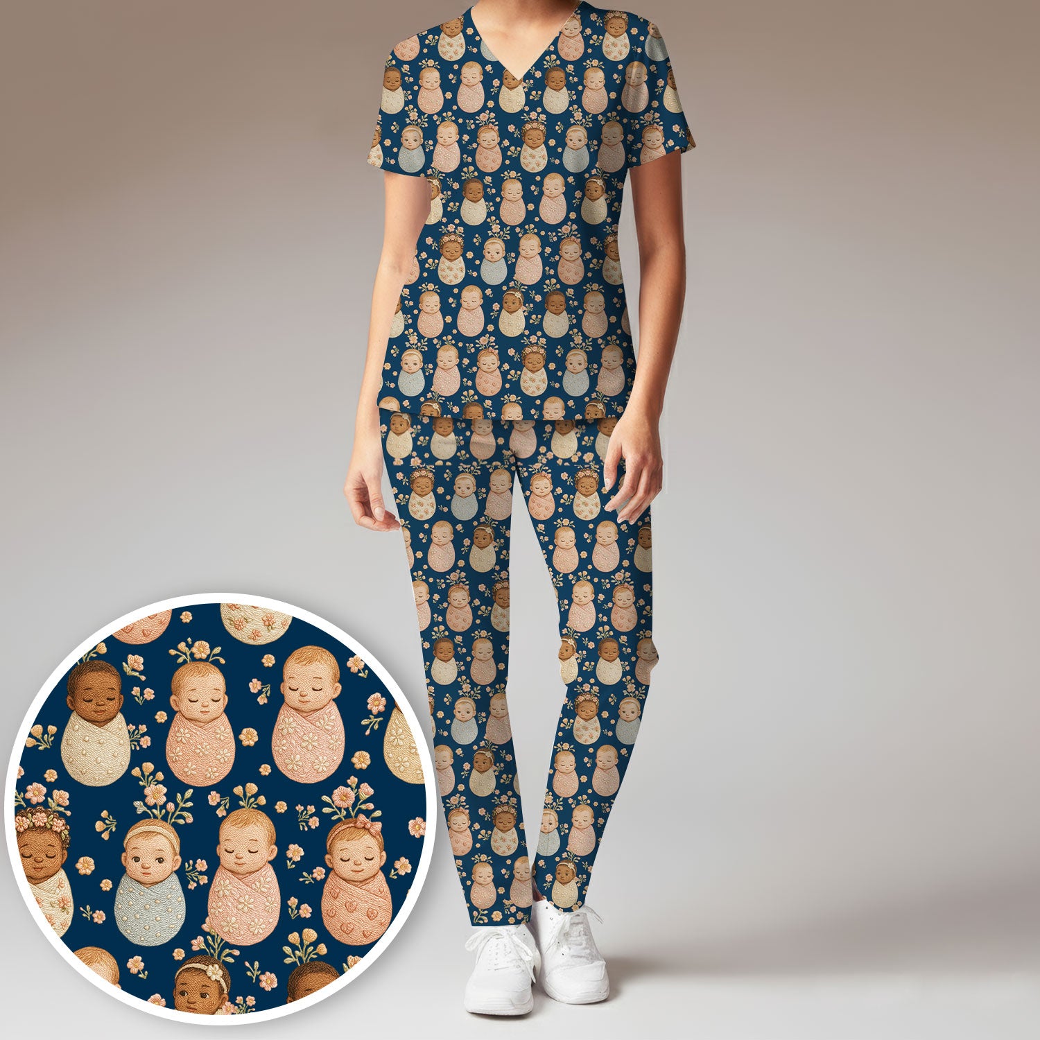 Sweet Newborn Baby Floral Print Women's Scrub Set, Breathable Med Uniform