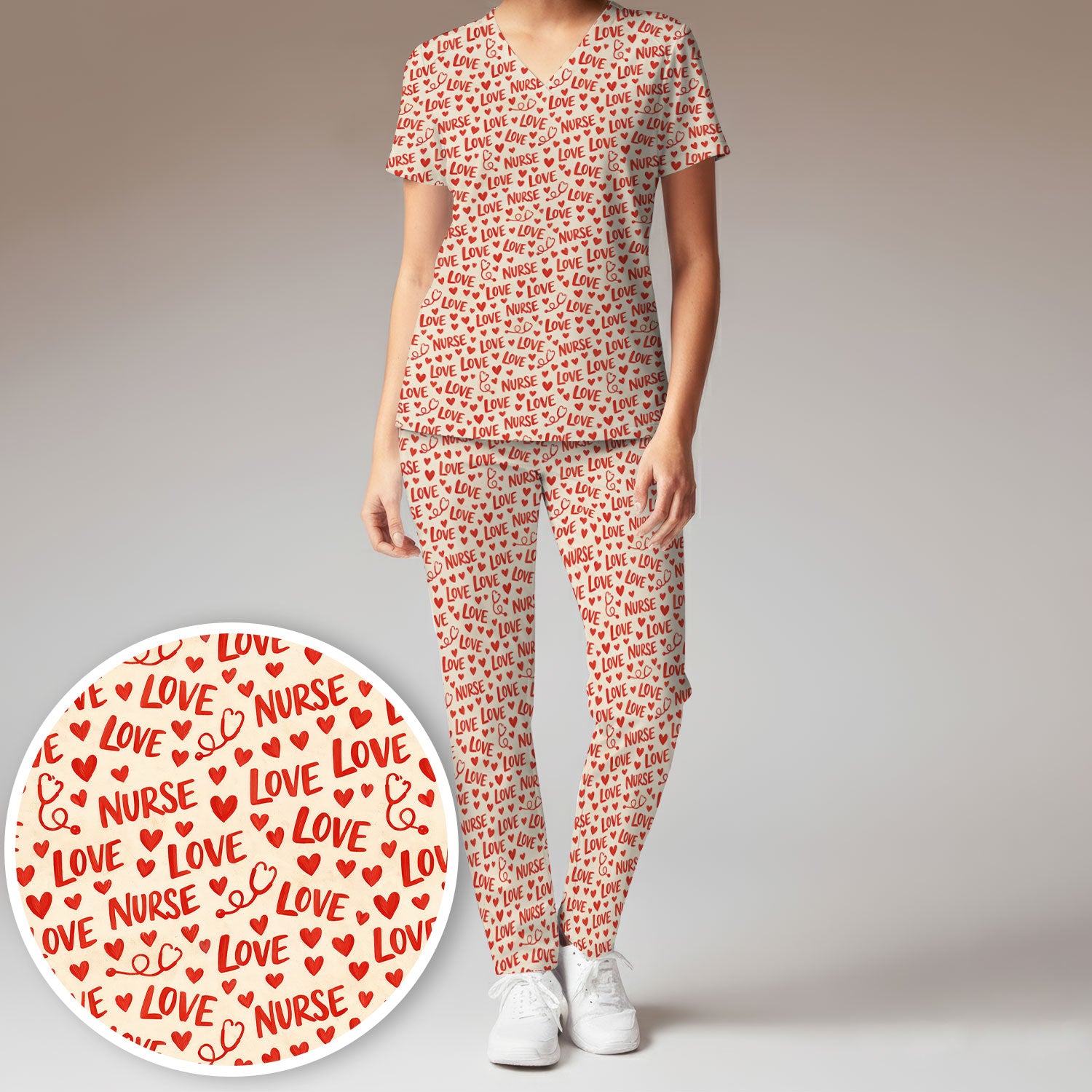 Valentine Pattern Scrub Set, Love Heart Medical Nurse Scrub Shirt, Breathable Fabrics Nursing Uniform