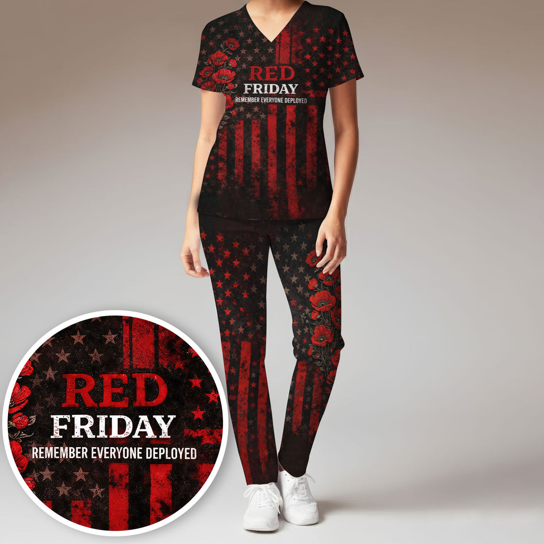 Red Friday Nurse American Flag Poppy Scrub Set, Scrub Pants and V Neck Top