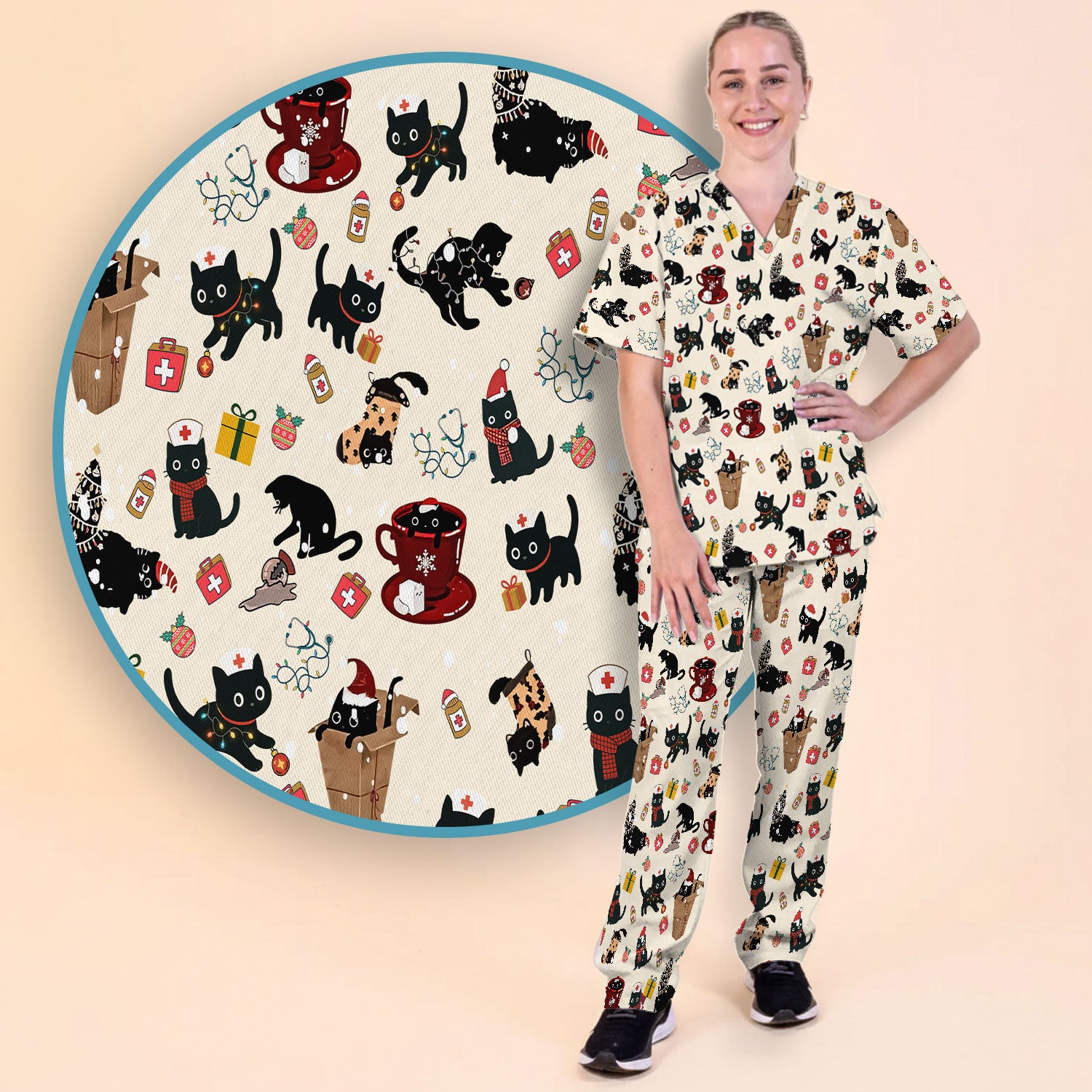 Funny Cat Scrub Sets for Women - Christmas Black Cats Pants and V Neck Top - Breathable Fabrics Nursing Uniform