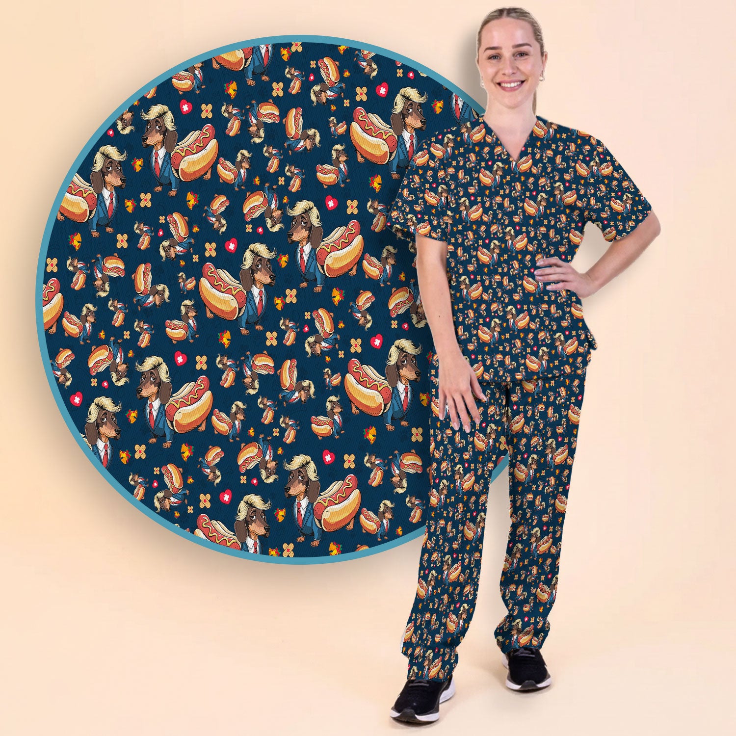 Dachshund Hot Dog Nurse Scrub Set - Funny Sausage Dog Pants and V Neck Top - Medical Uniform Gift