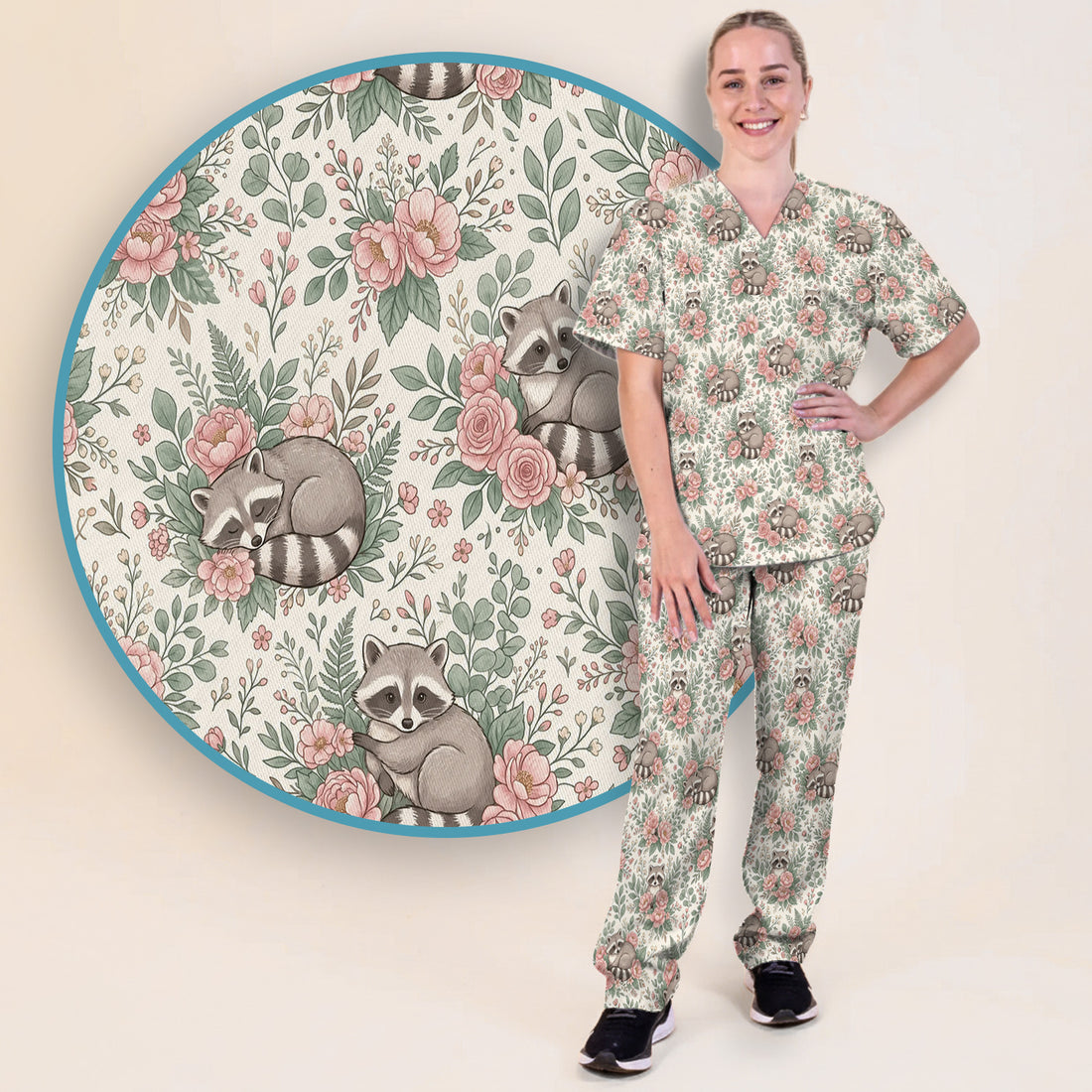 Sleeping Raccoon Rose Garden Pattern Scrub Set, Scrub Pants and V Neck Top