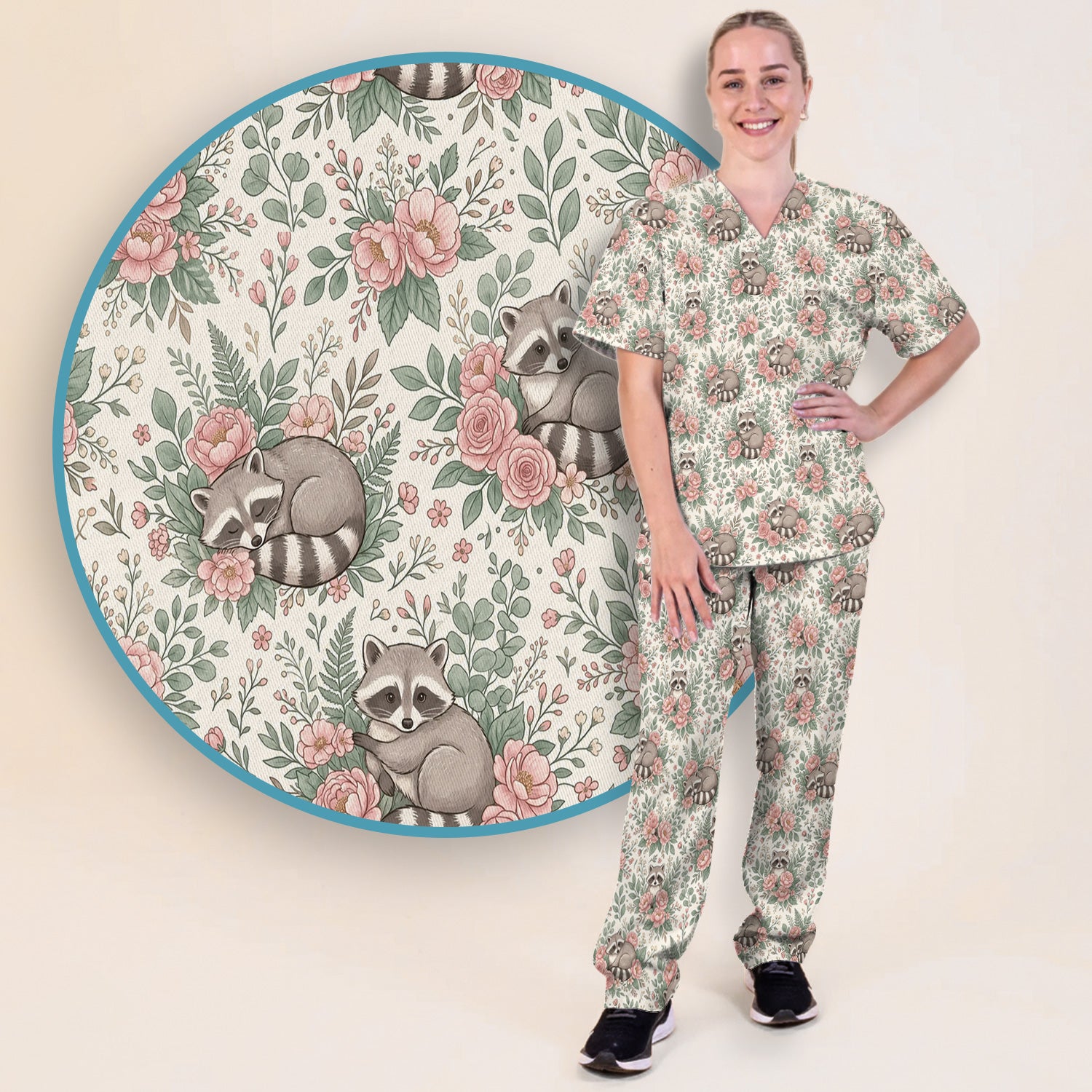 Sleeping Raccoon Rose Garden Pattern Scrub Set, Scrub Pants and V Neck Top