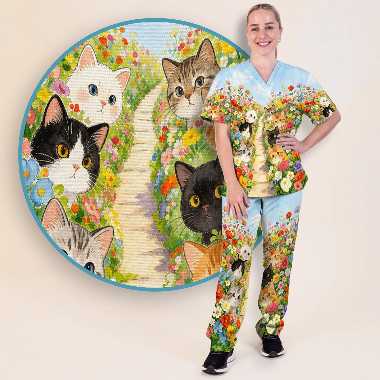 Cute Garden Cats Flower Path Pattern Scrub Set, Scrub Pants and V Neck Top